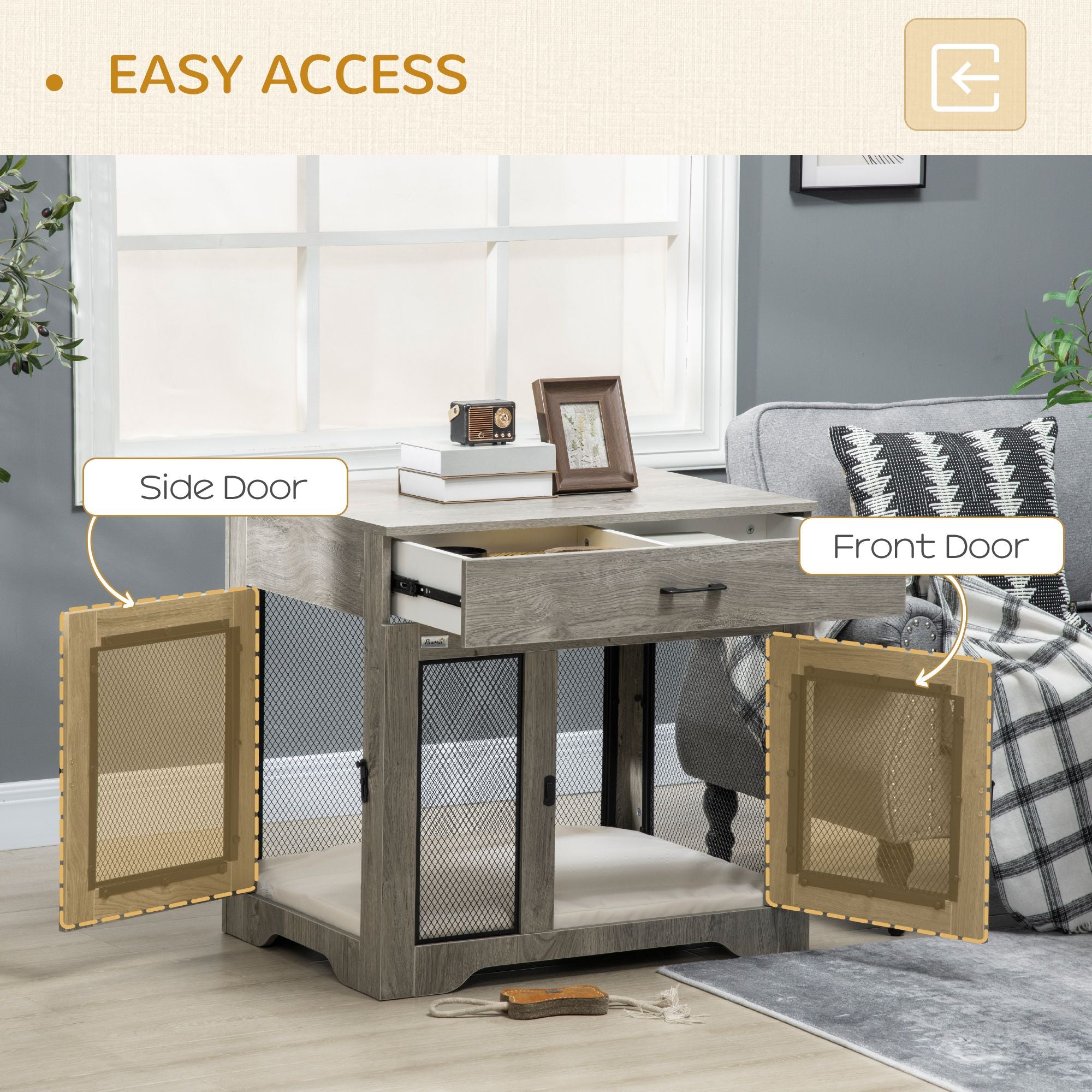 Luxury Dog Crate Furniture with Cushion End Table with Drawer and Doors for Small Dogs Stylish Gray