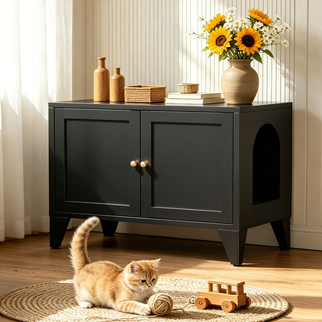Concealed Cat Litter Box Cabinet: Modern structured Frame, Side Entry, Multi-Purpose Storage
