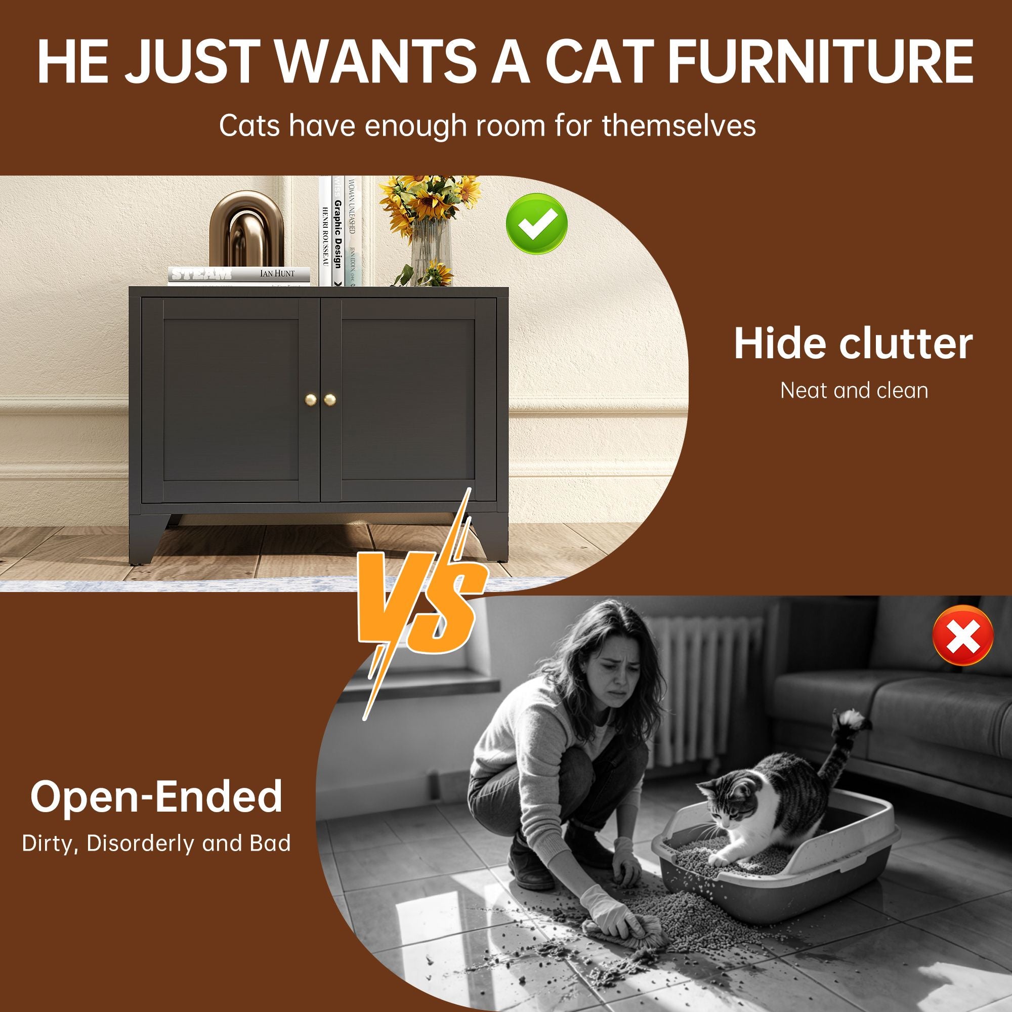 Concealed Cat Litter Box Cabinet: Modern structured Frame, Side Entry, Multi-Purpose Storage