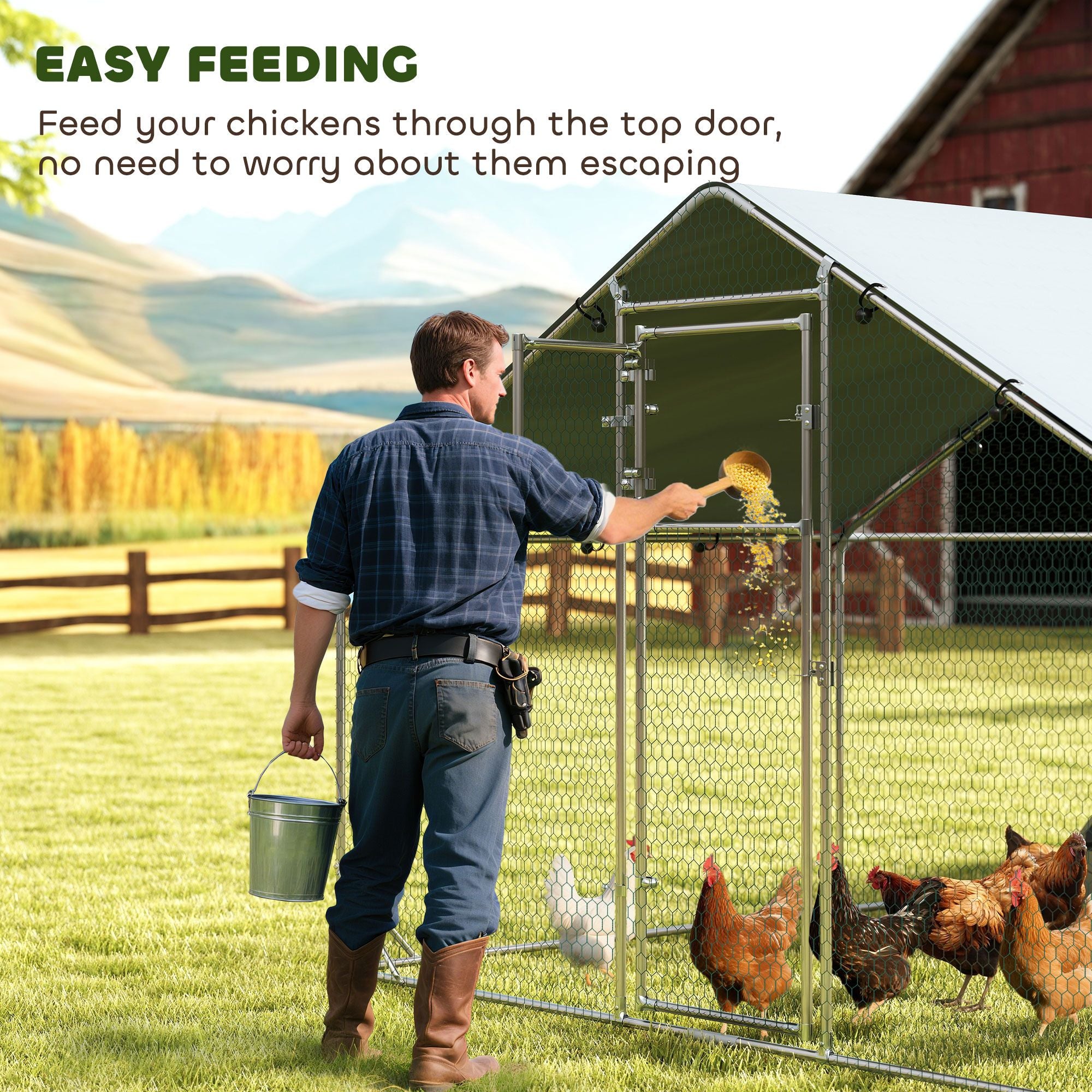 Metal Chicken Coop, 26' x 10' x 6.4' Large Chicken Run with Feeding Door, Waterproof Cover, Hanging Feeder, Perch