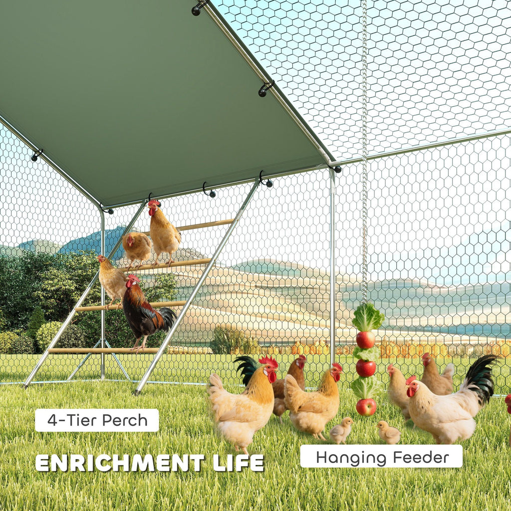 Metal Chicken Coop, 26' x 10' x 6.4' Large Chicken Run with Feeding Door, Waterproof Cover, Hanging Feeder, Perch