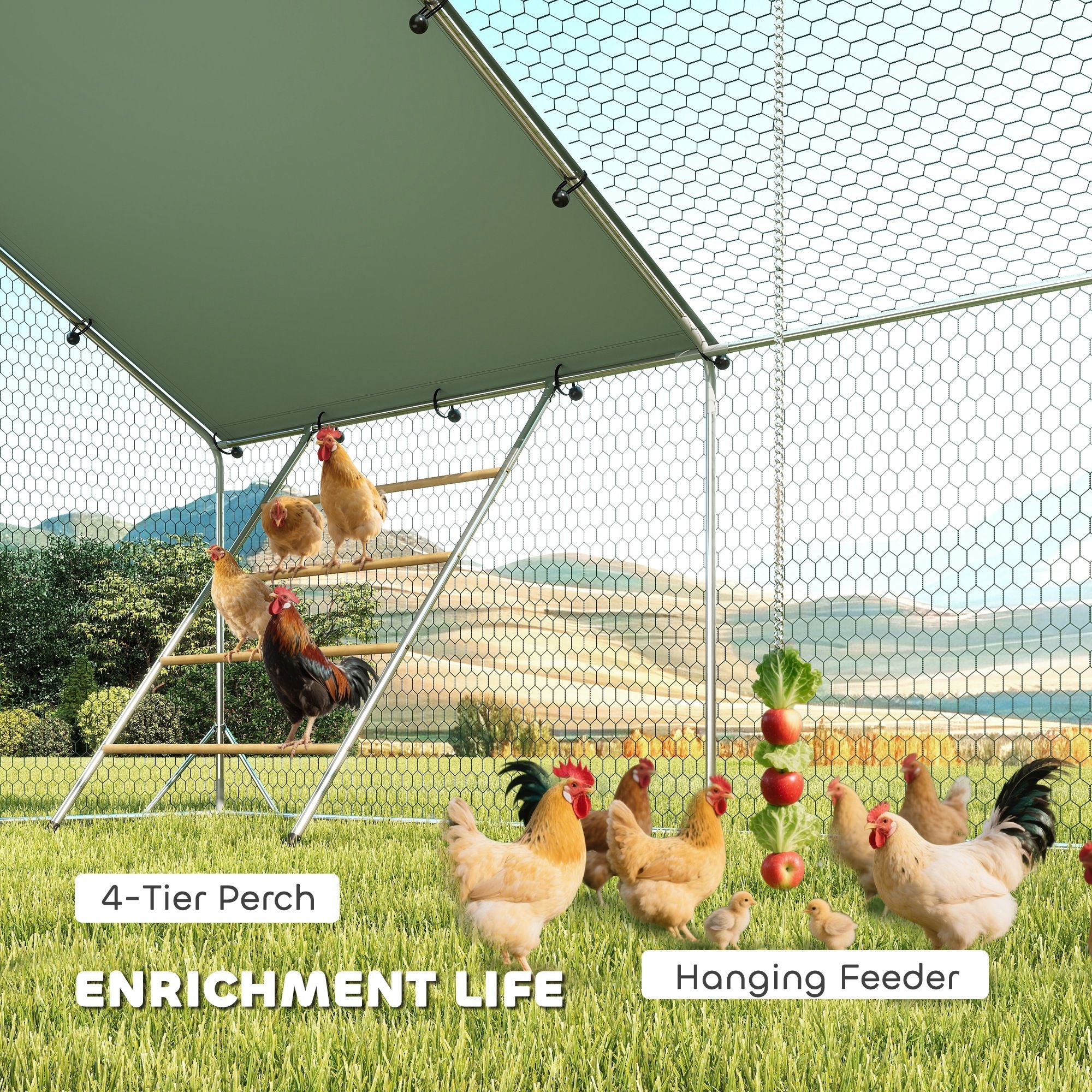 Metal Chicken Coop, 26' x 10' x 6.4' Large Chicken Run with Feeding Door, Waterproof Cover, Hanging Feeder, Perch
