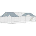 Metal Chicken Coop, 26' x 10' x 6.4' Large Chicken Run with Feeding Door, Waterproof Cover, Hanging Feeder, Perch