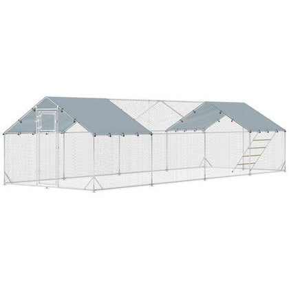 Metal Chicken Coop, 26' x 10' x 6.4' Large Chicken Run with Feeding Door, Waterproof Cover, Hanging Feeder, Perch
