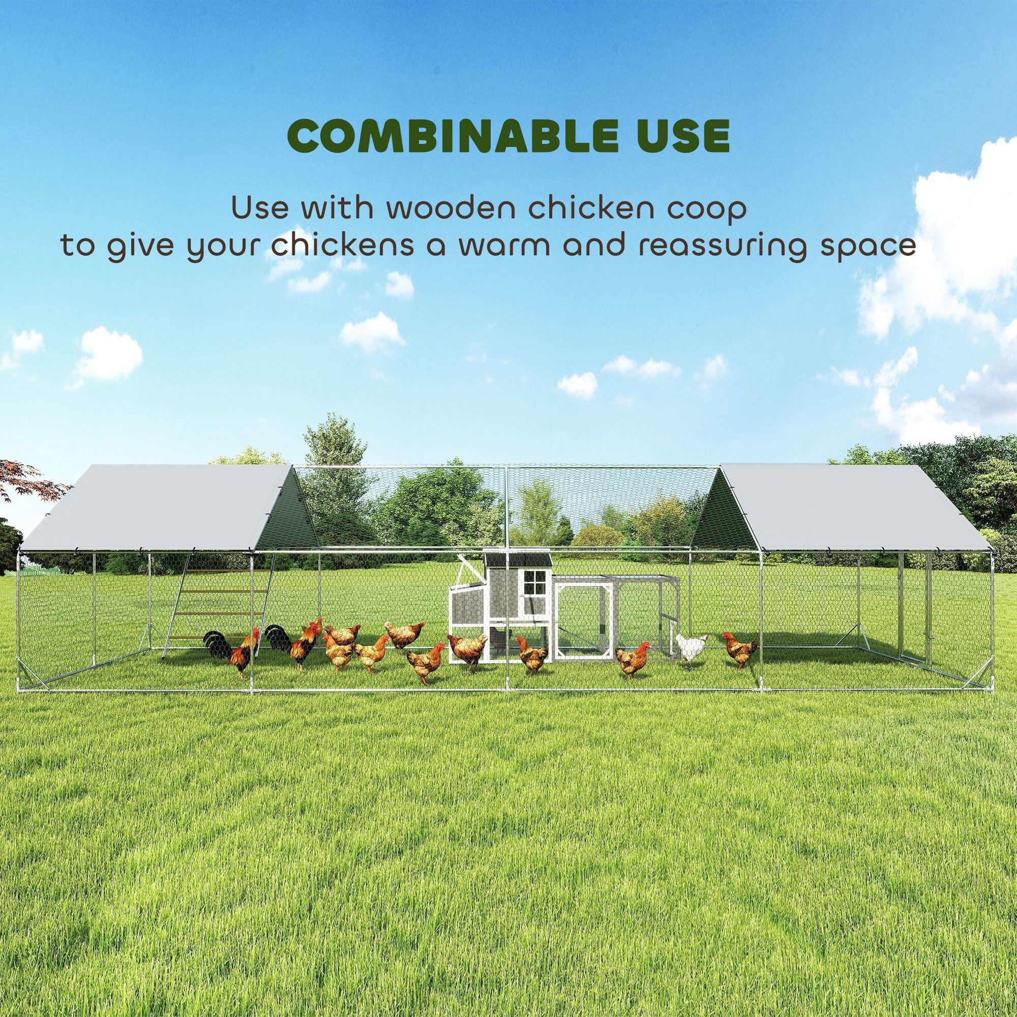 Metal Chicken Coop, 26' x 10' x 6.4' Large Chicken Run with Feeding Door, Waterproof Cover, Hanging Feeder, Perch