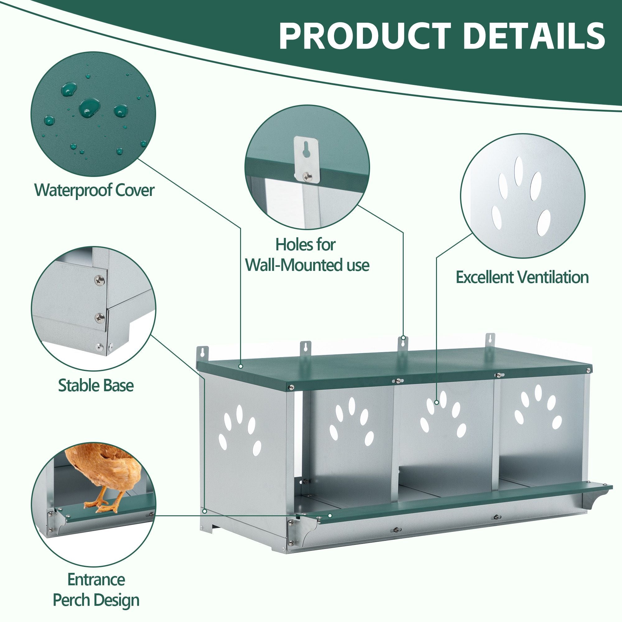 Metal Nesting Boxes for Chicken,3 Compartment Nesting Box,Galvanized steel Nesting Boxes for Hens, Easy to Assemble