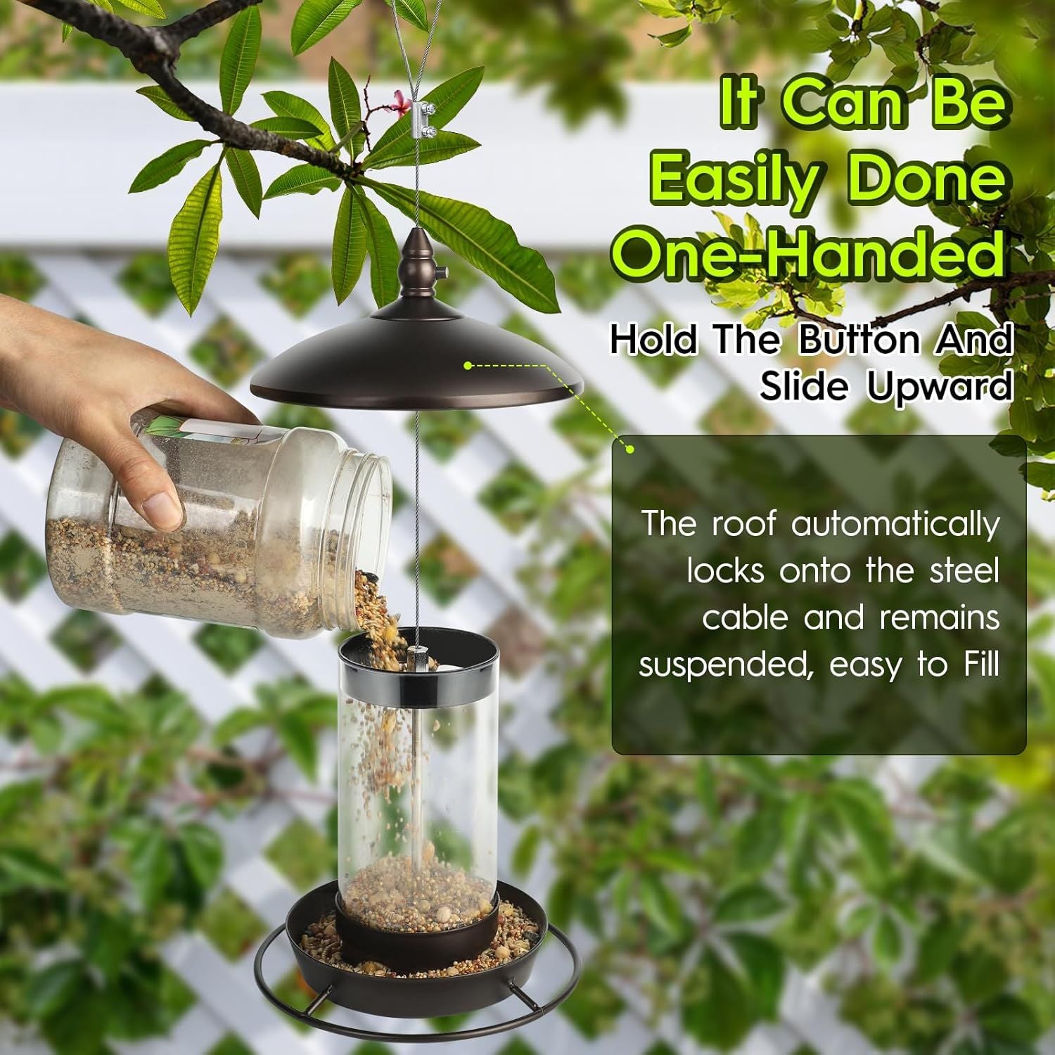 Metal Roof Bird Feeder - Chew Proof for Outdoor Hanging Wild Bird Seeds. Bronze
