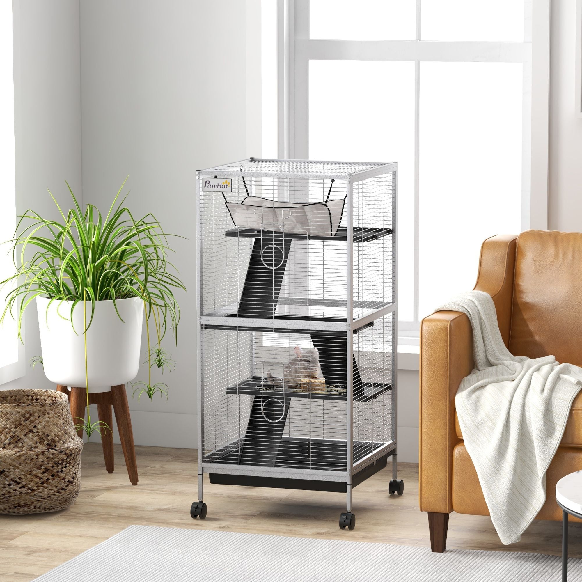 PawHut Rolling 4-Tier Small Animal Cage with Hammock & Removable Tray