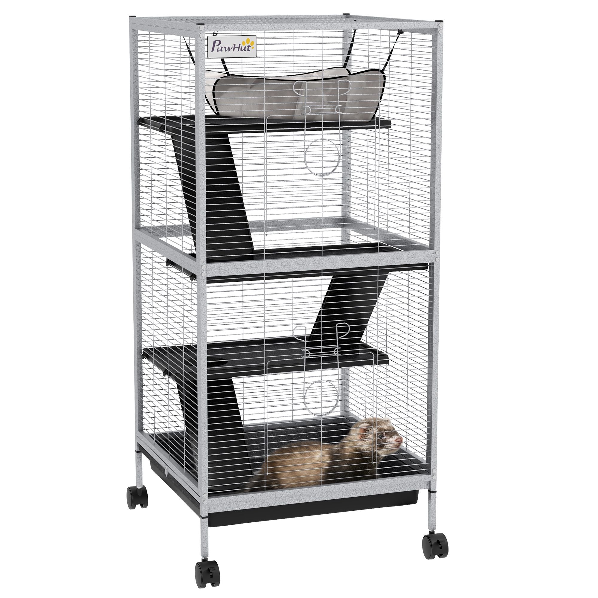 PawHut Rolling 4-Tier Small Animal Cage with Hammock & Removable Tray