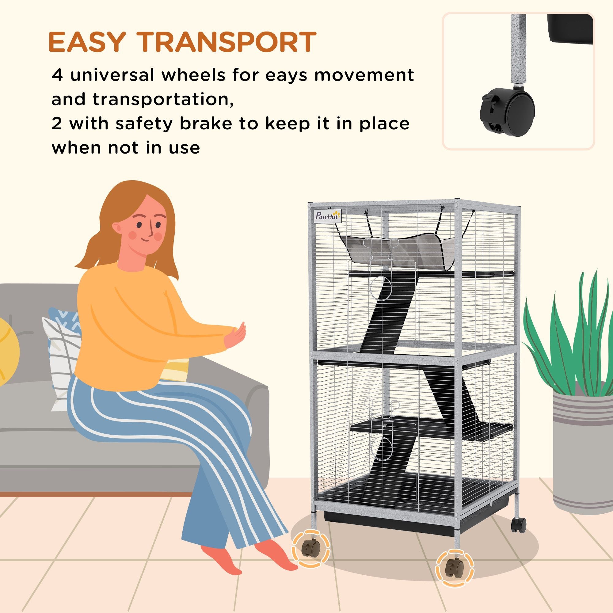 PawHut Rolling 4-Tier Small Animal Cage with Hammock & Removable Tray
