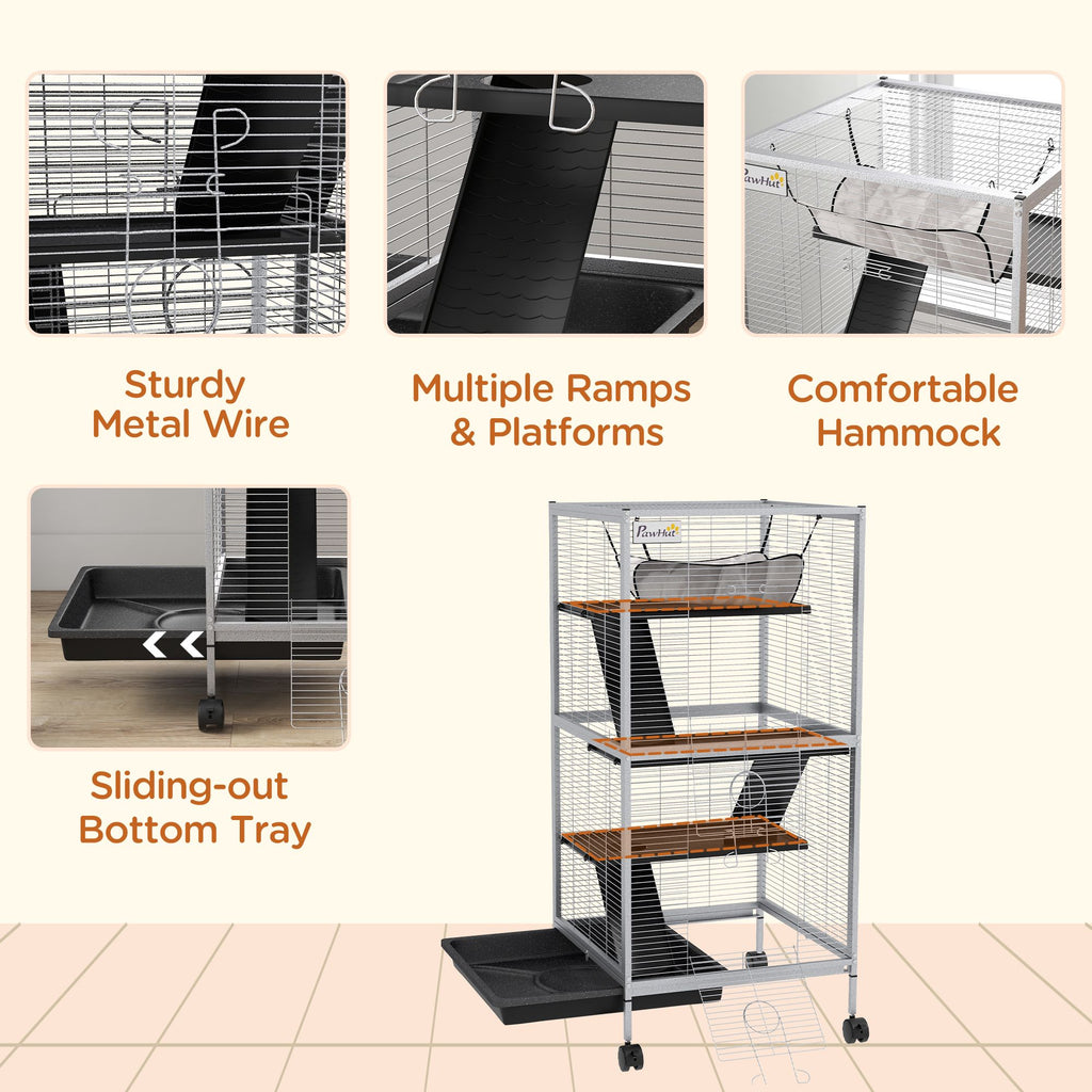PawHut Rolling 4-Tier Small Animal Cage with Hammock & Removable Tray