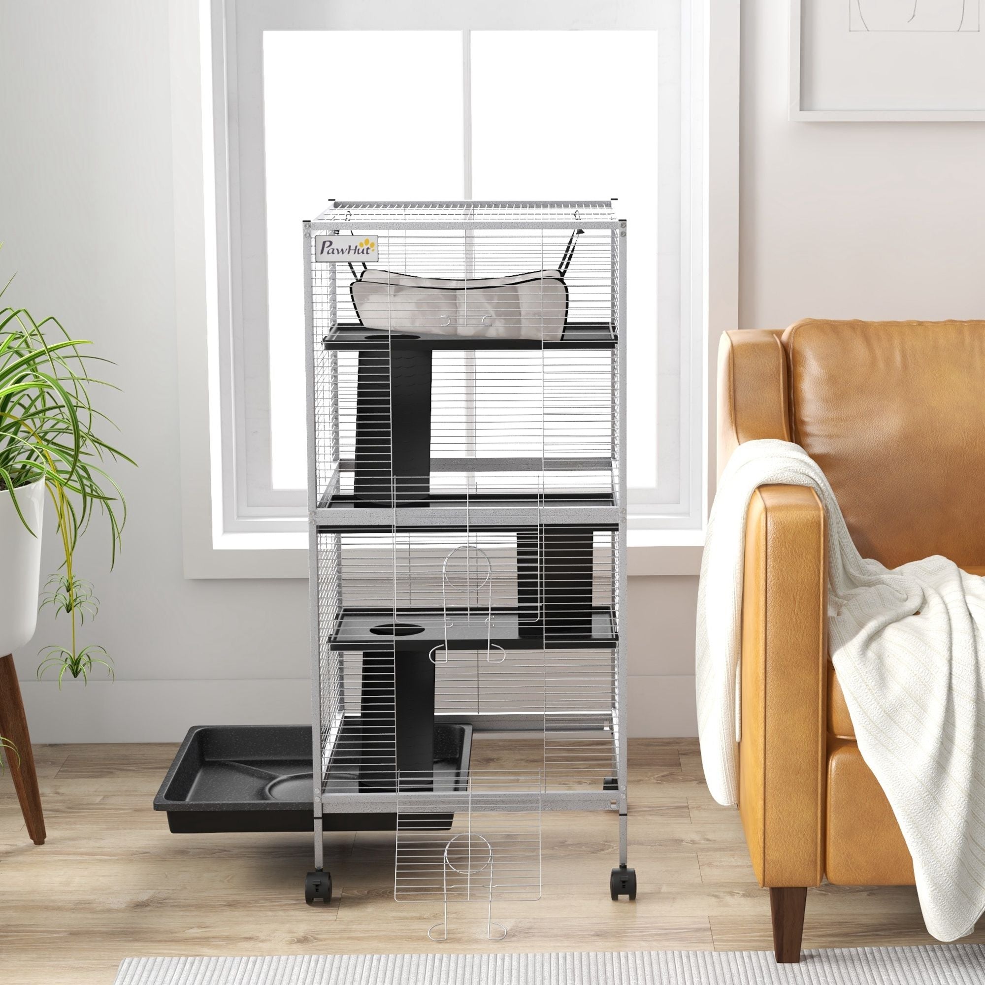PawHut Rolling 4-Tier Small Animal Cage with Hammock & Removable Tray