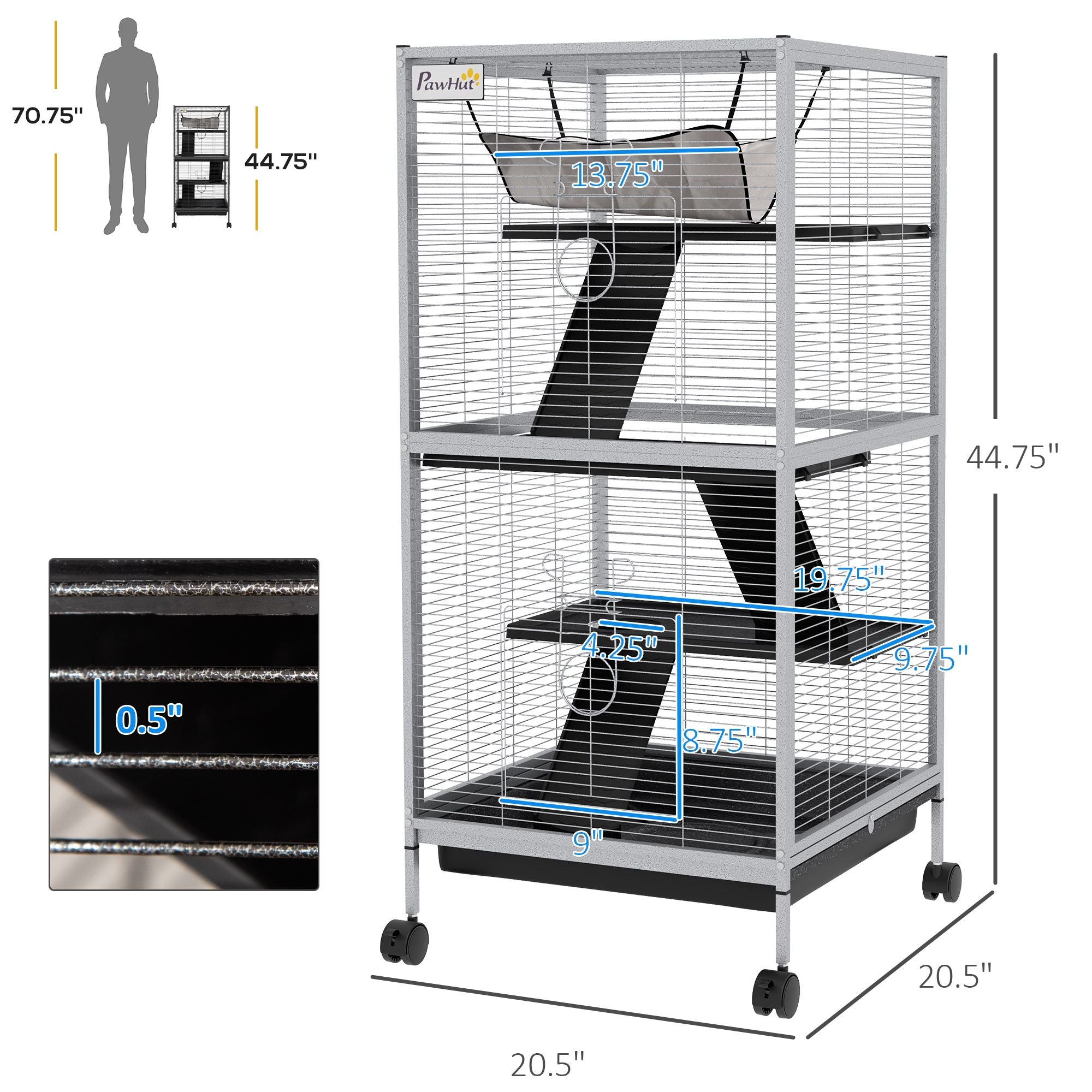 PawHut Rolling 4-Tier Small Animal Cage with Hammock & Removable Tray
