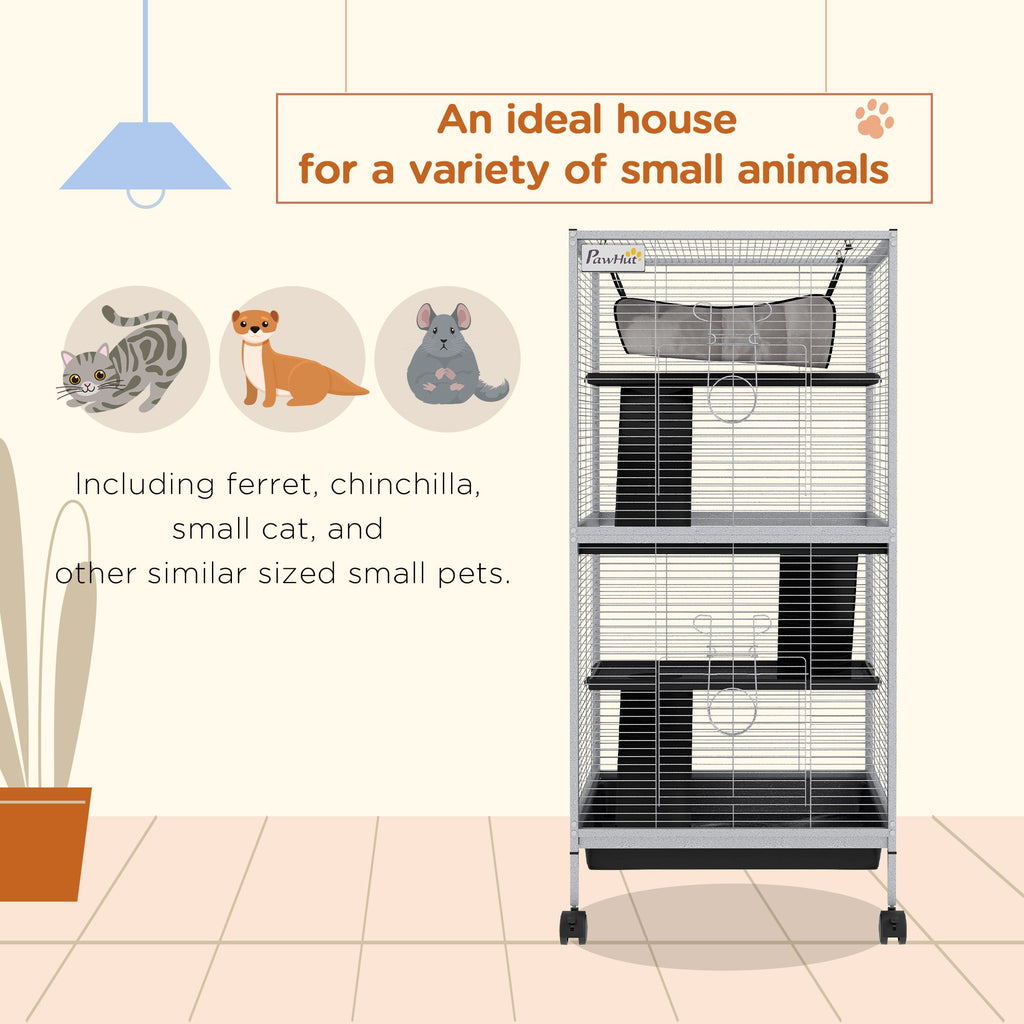 PawHut Rolling 4-Tier Small Animal Cage with Hammock & Removable Tray