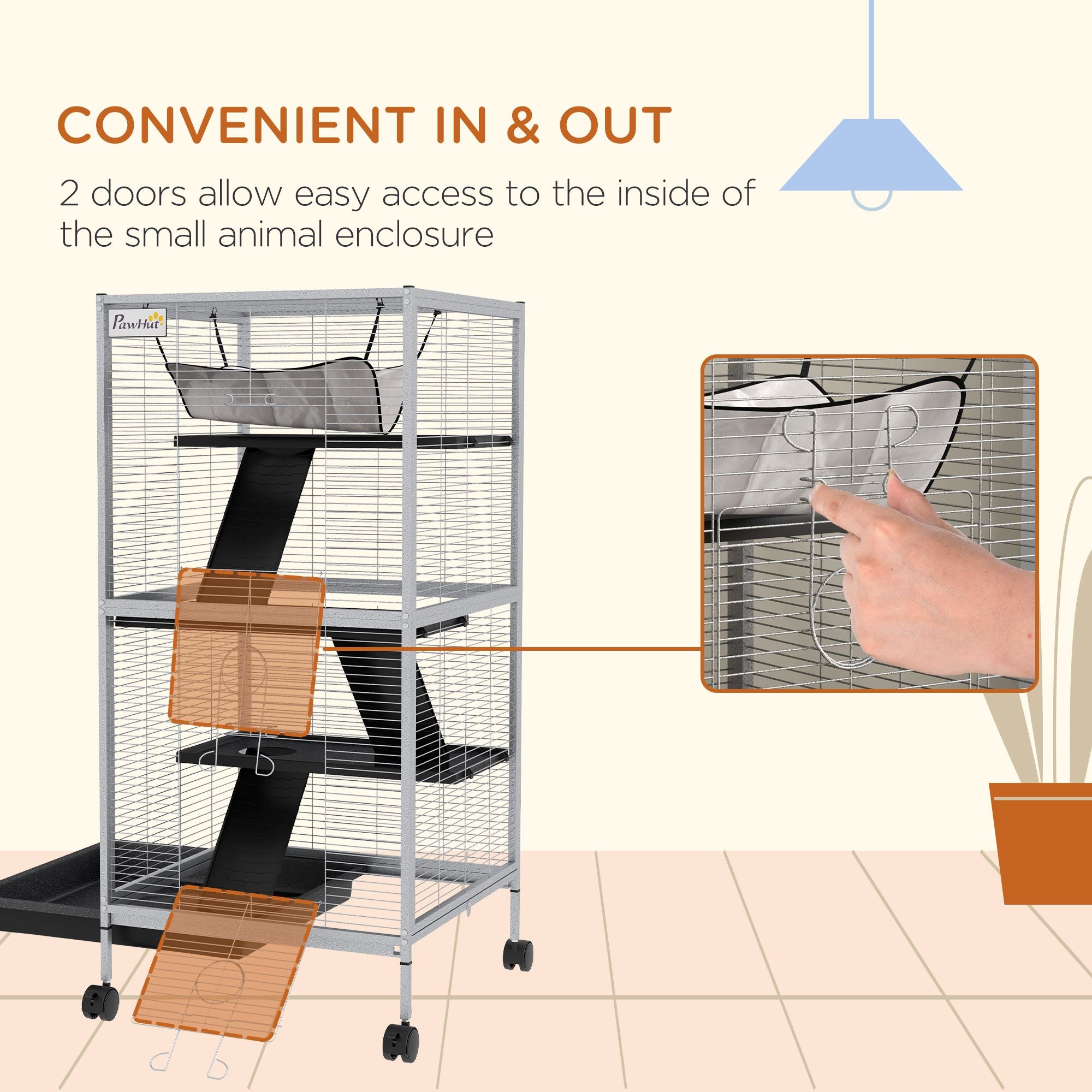 PawHut Rolling 4-Tier Small Animal Cage with Hammock & Removable Tray