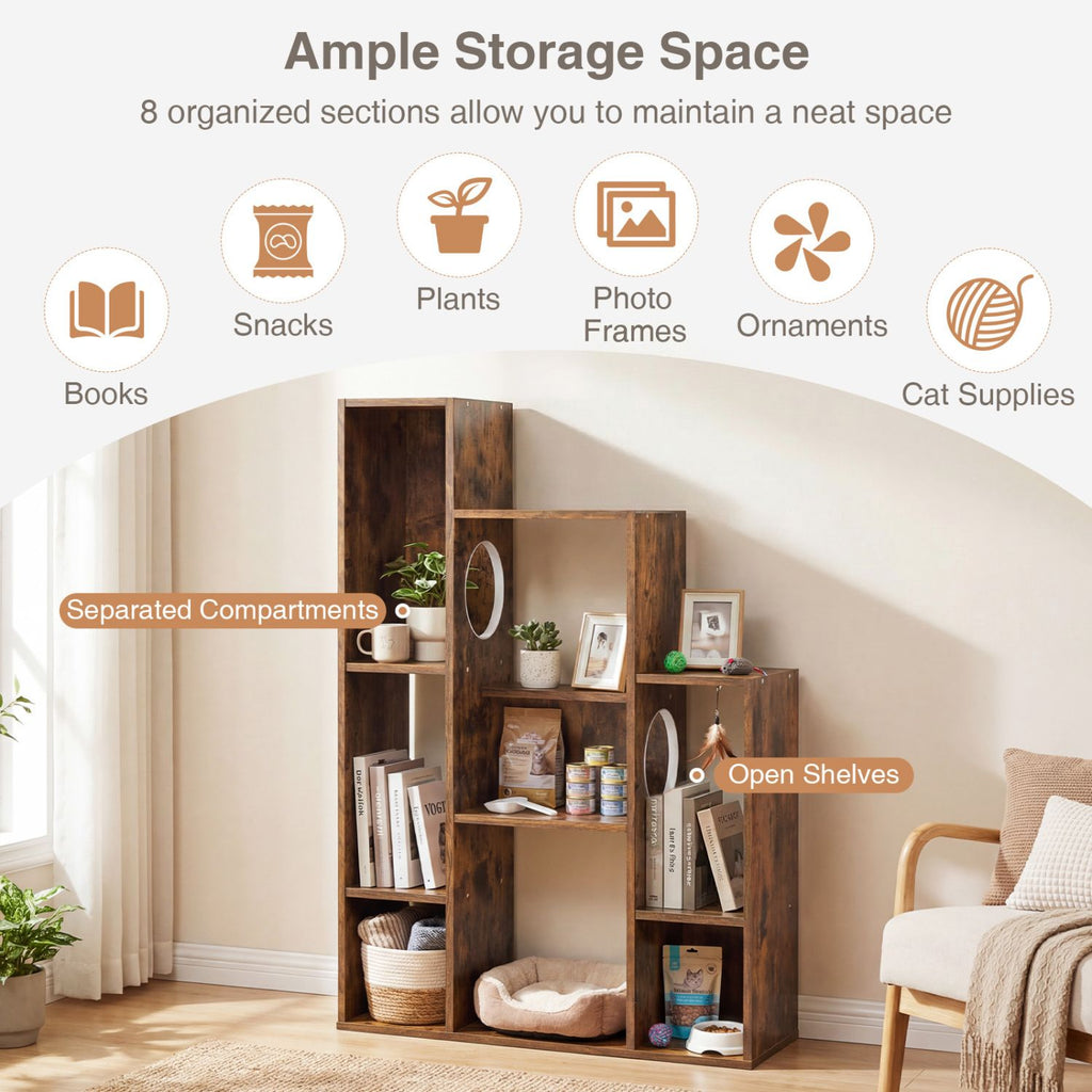 Modern Cat Bookshelf Cat Tree: 8-Section Storage & Climbing Cabinet