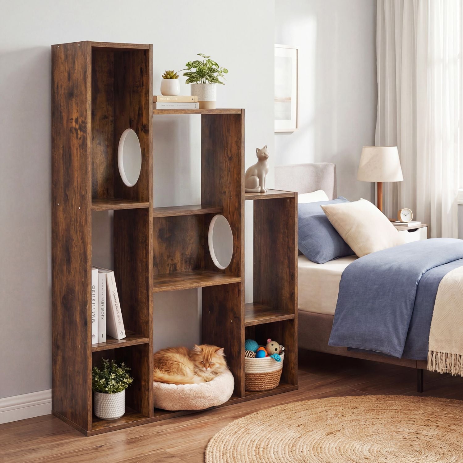 Modern Cat Bookshelf Cat Tree: 8-Section Storage & Climbing Cabinet
