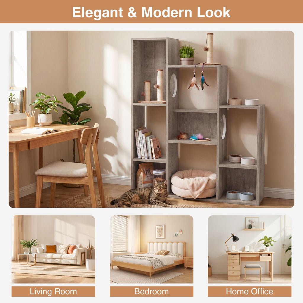 Modern Cat Bookshelf Cat Tree: 8-Section Storage & Climbing Cabinet
