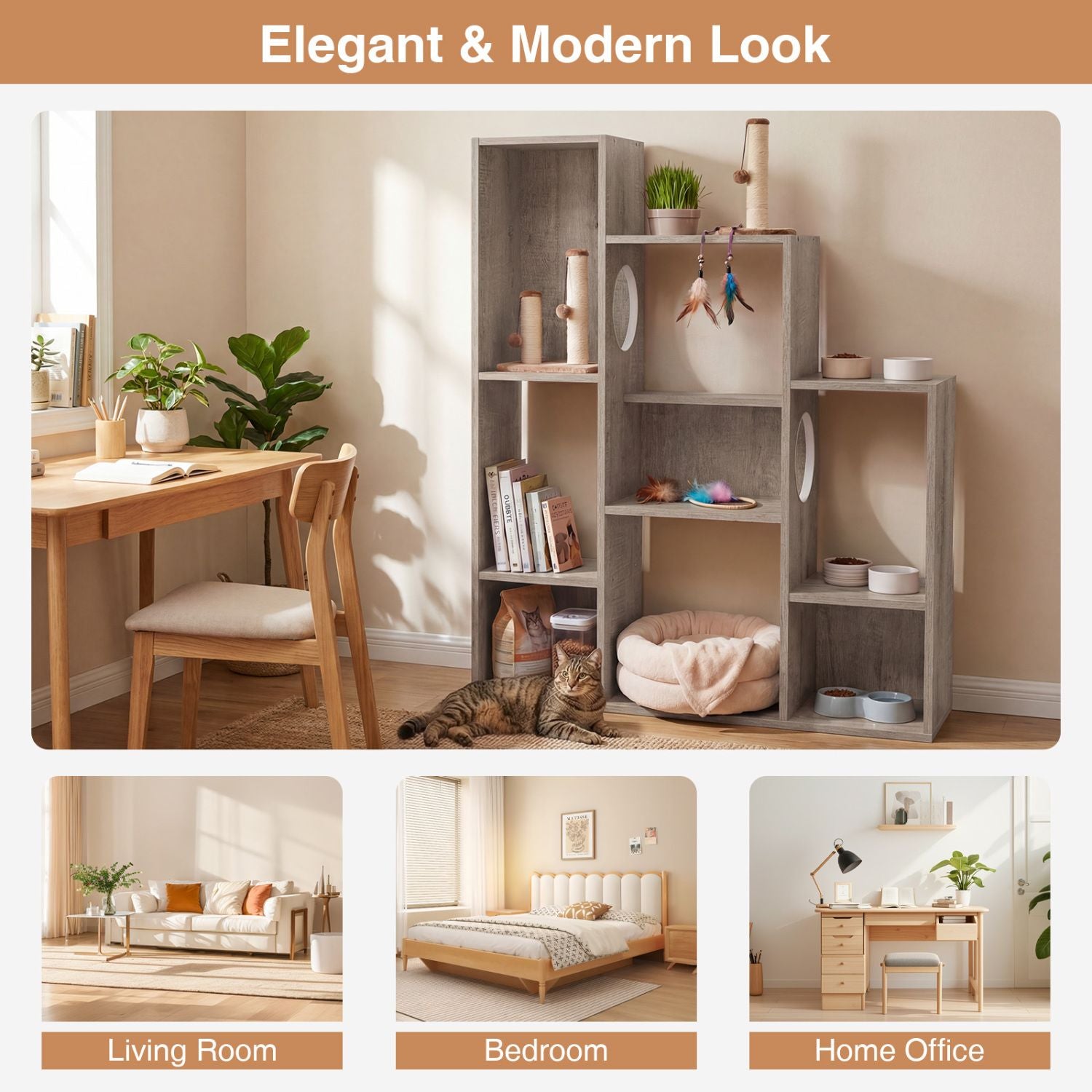 Modern Cat Bookshelf Cat Tree: 8-Section Storage & Climbing Cabinet