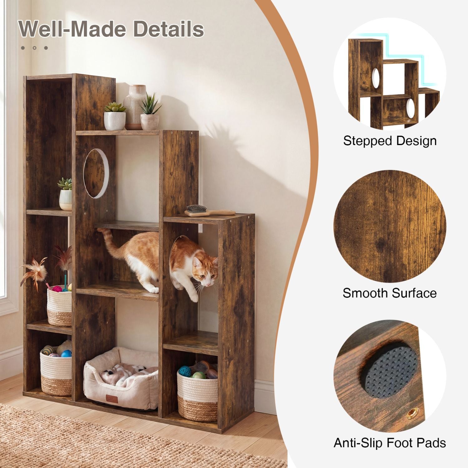 Modern Cat Bookshelf Cat Tree: 8-Section Storage & Climbing Cabinet