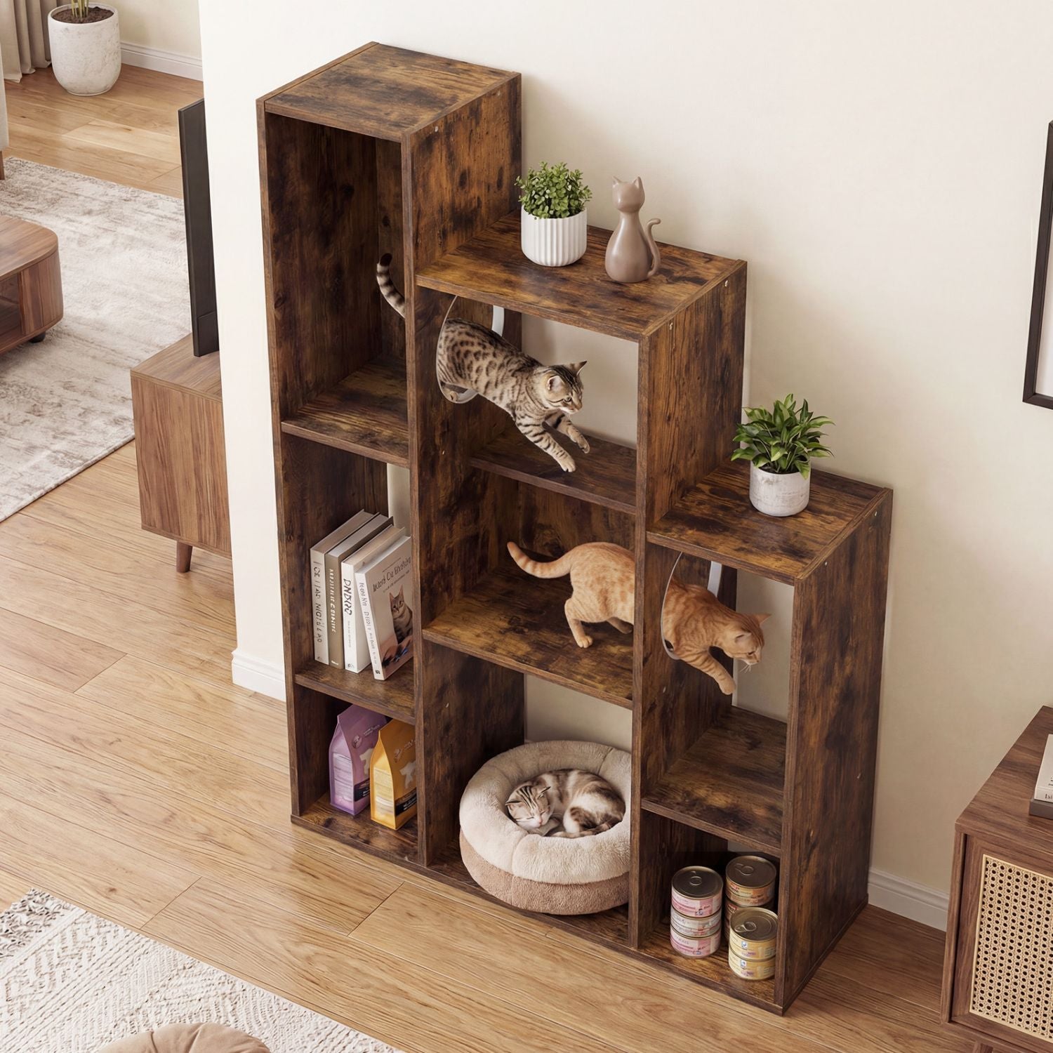 Modern Cat Bookshelf Cat Tree: 8-Section Storage & Climbing Cabinet