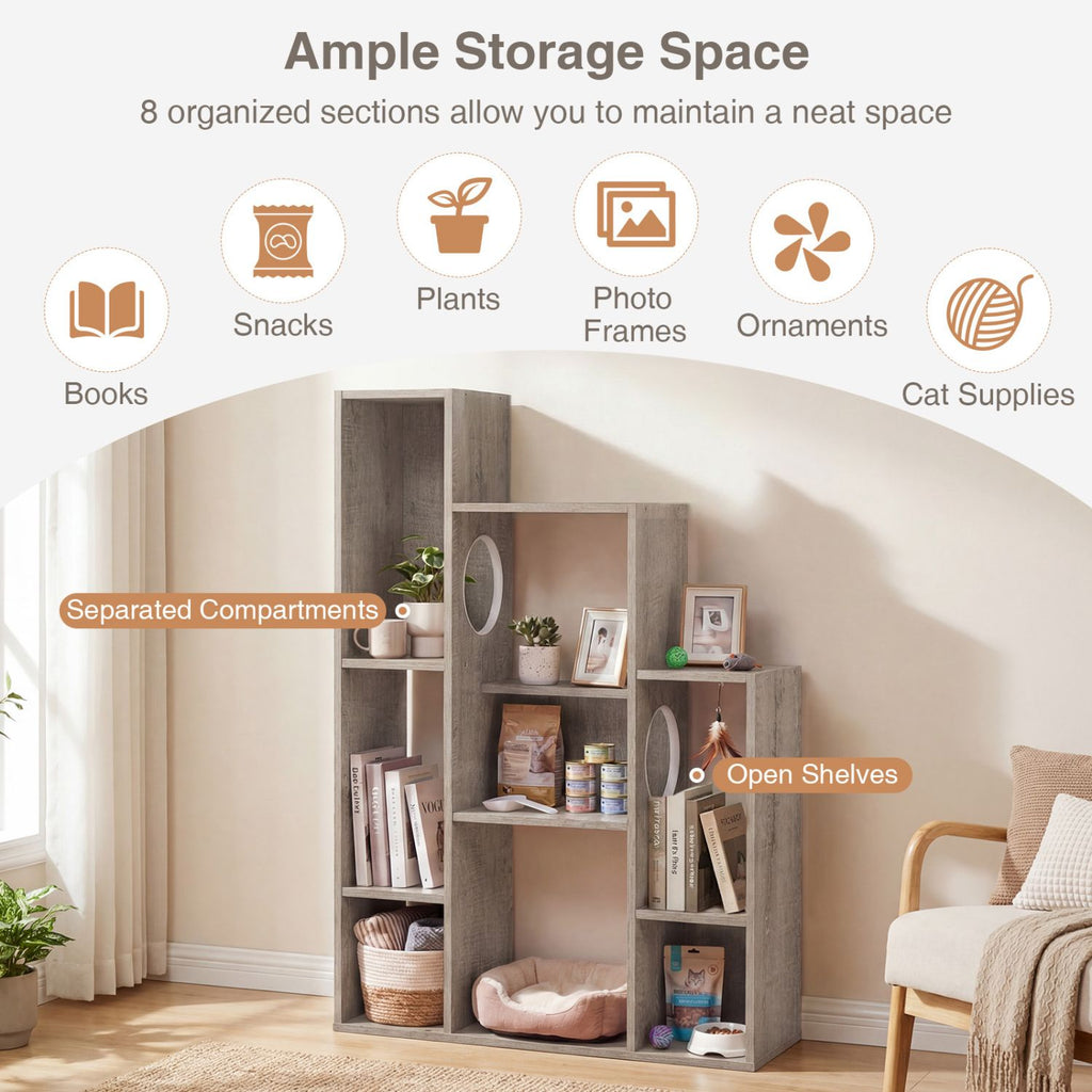 Modern Cat Bookshelf Cat Tree: 8-Section Storage & Climbing Cabinet
