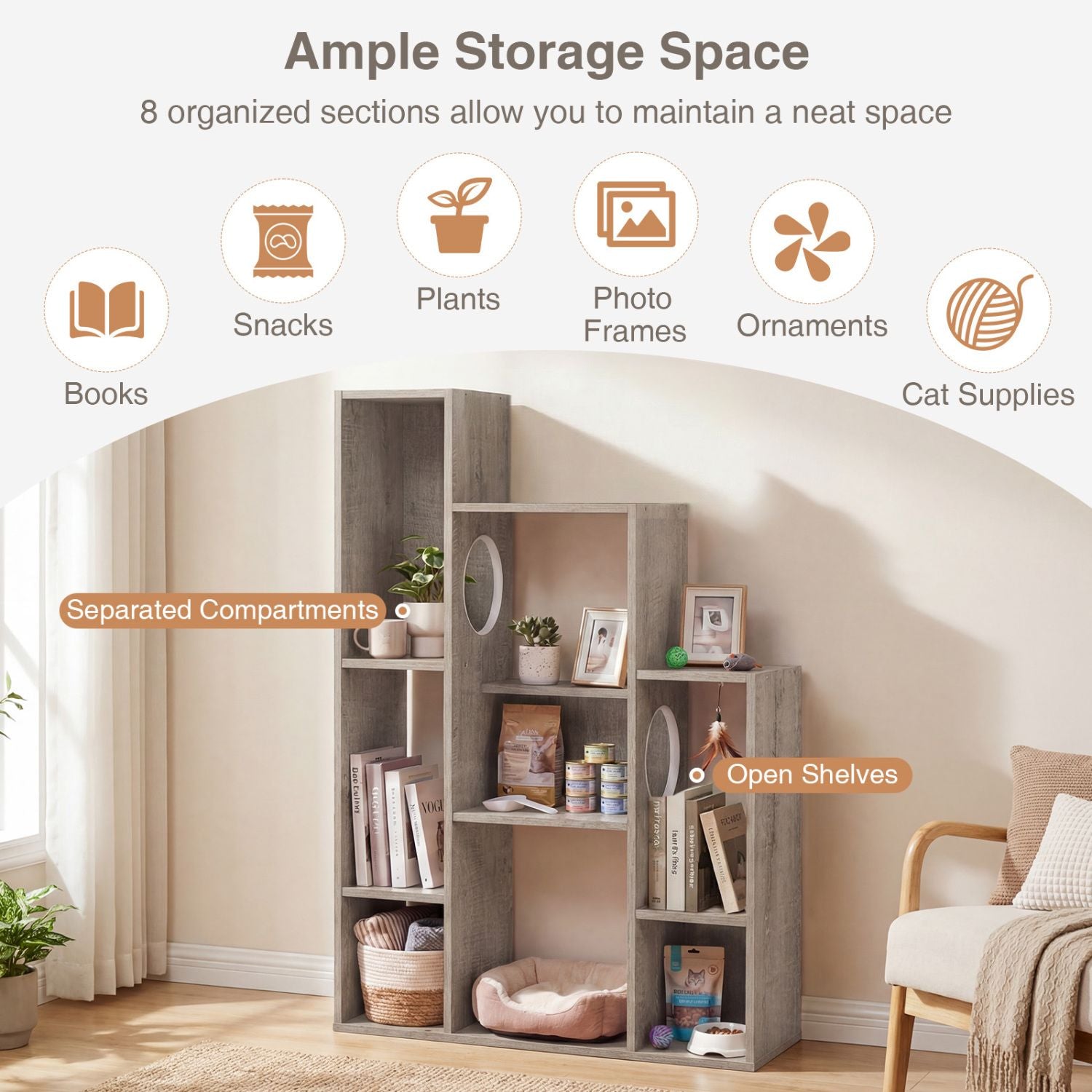 Modern Cat Bookshelf Cat Tree: 8-Section Storage & Climbing Cabinet