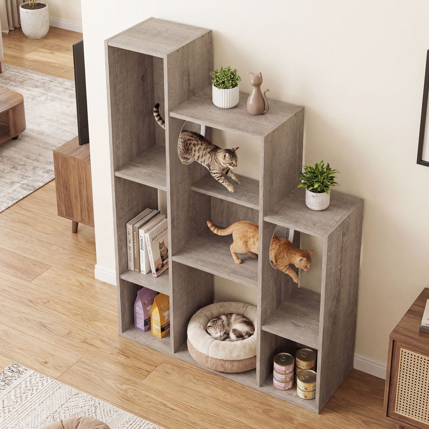 Modern Cat Bookshelf Cat Tree: 8-Section Storage & Climbing Cabinet