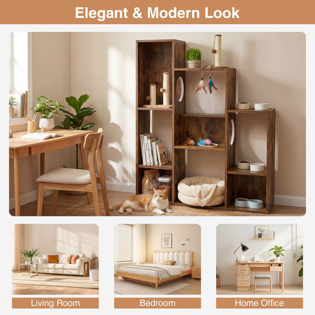 Modern Cat Bookshelf Cat Tree: 8-Section Storage & Climbing Cabinet