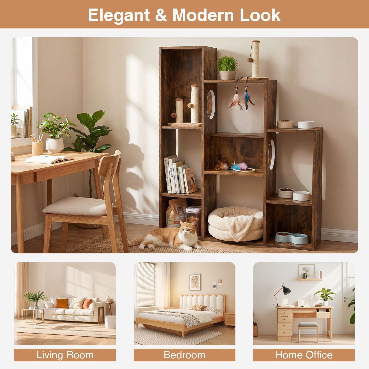 Modern Cat Bookshelf Cat Tree: 8-Section Storage & Climbing Cabinet