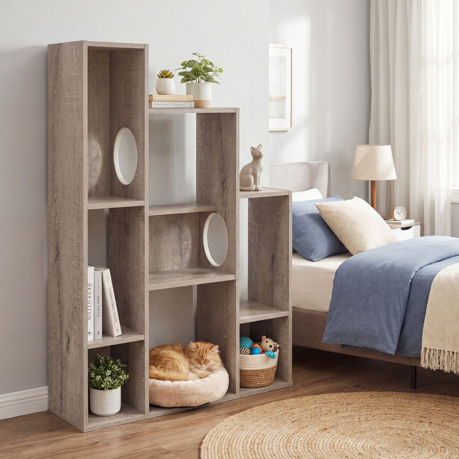 Modern Cat Bookshelf Cat Tree: 8-Section Storage & Climbing Cabinet