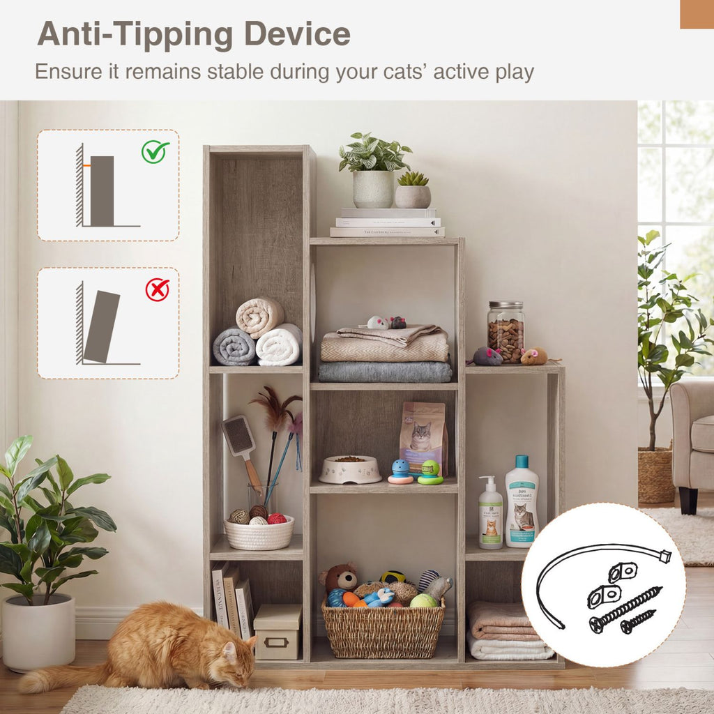 Modern Cat Bookshelf Cat Tree: 8-Section Storage & Climbing Cabinet