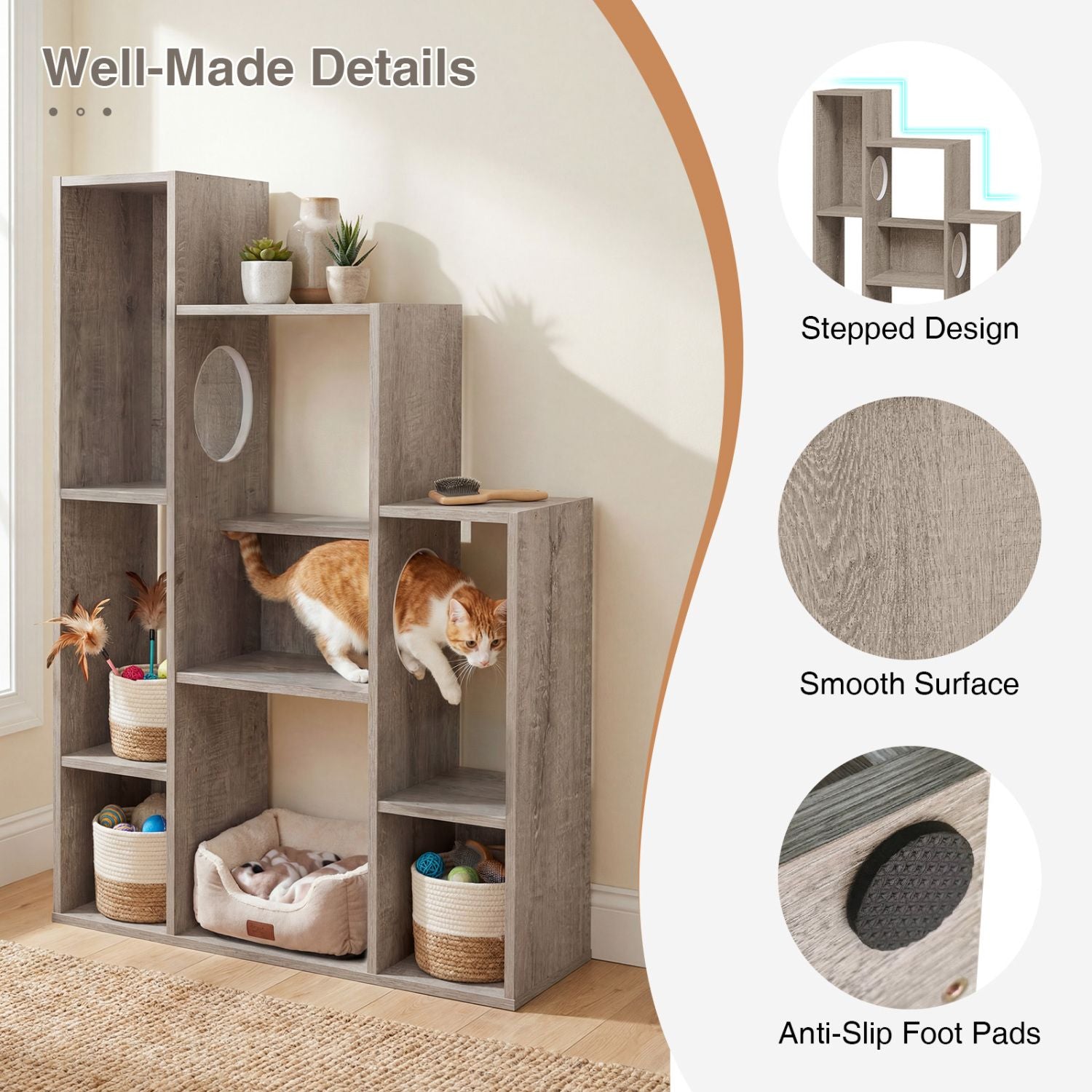 Modern Cat Bookshelf Cat Tree: 8-Section Storage & Climbing Cabinet