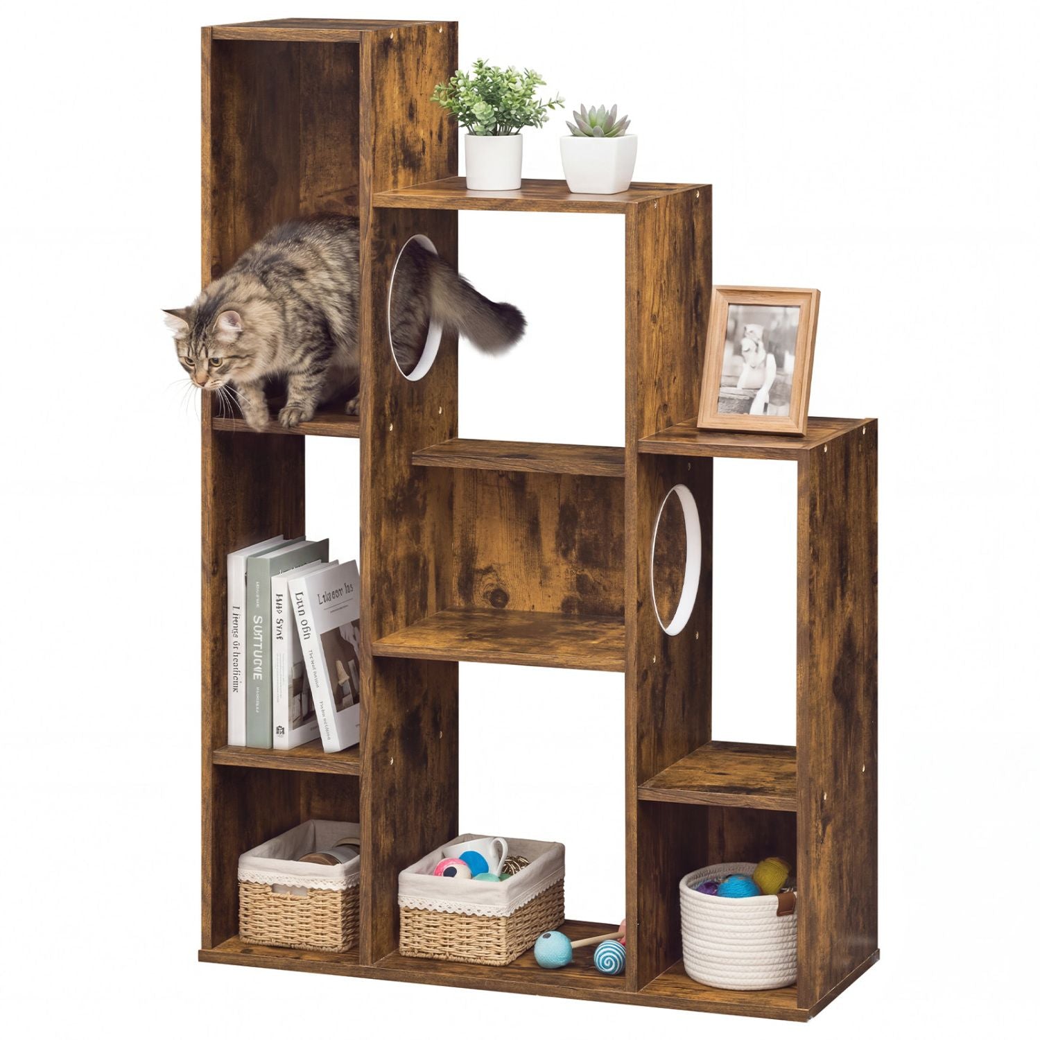 Modern Cat Bookshelf Cat Tree: 8-Section Storage & Climbing Cabinet