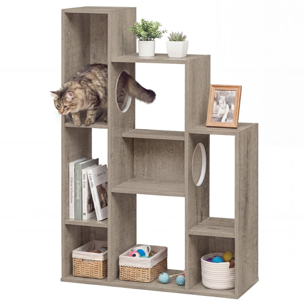 Modern Cat Bookshelf Cat Tree: 8-Section Storage & Climbing Cabinet