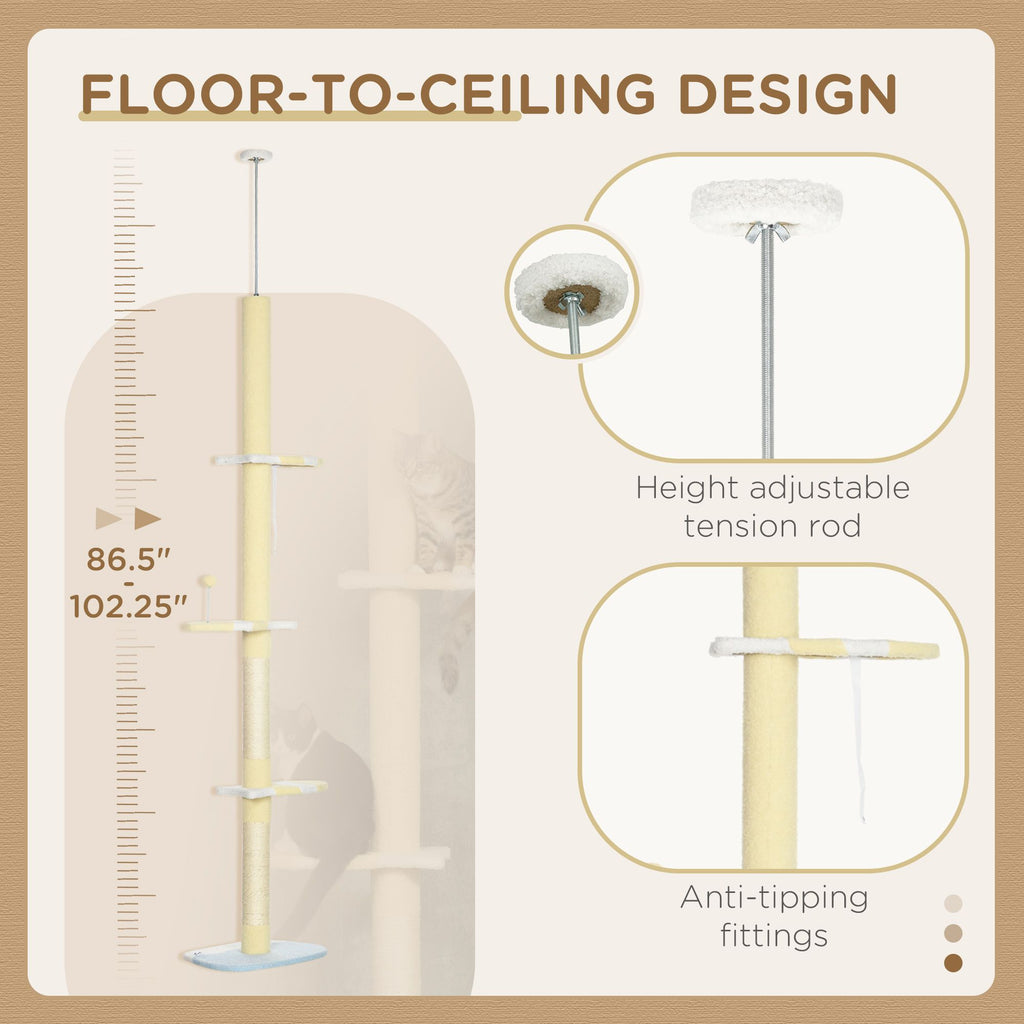 Adjustable Floor-to-Ceiling Cat Tree with 4 Platforms and Scratching Post