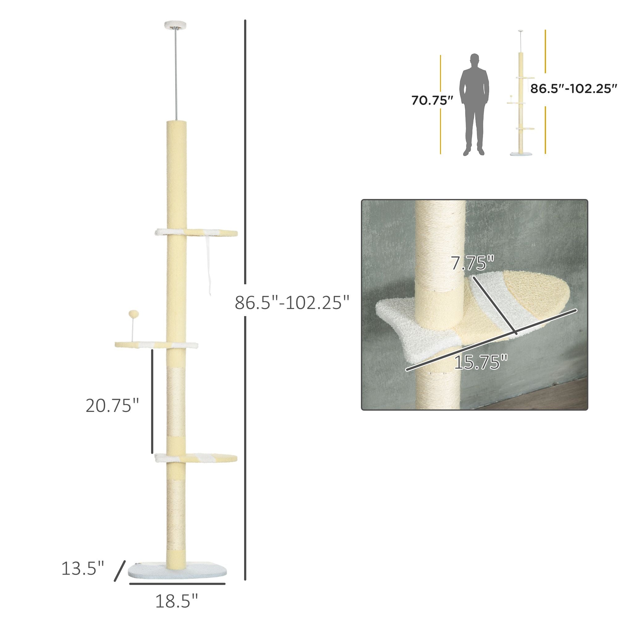 Adjustable Floor-to-Ceiling Cat Tree with 4 Platforms and Scratching Post