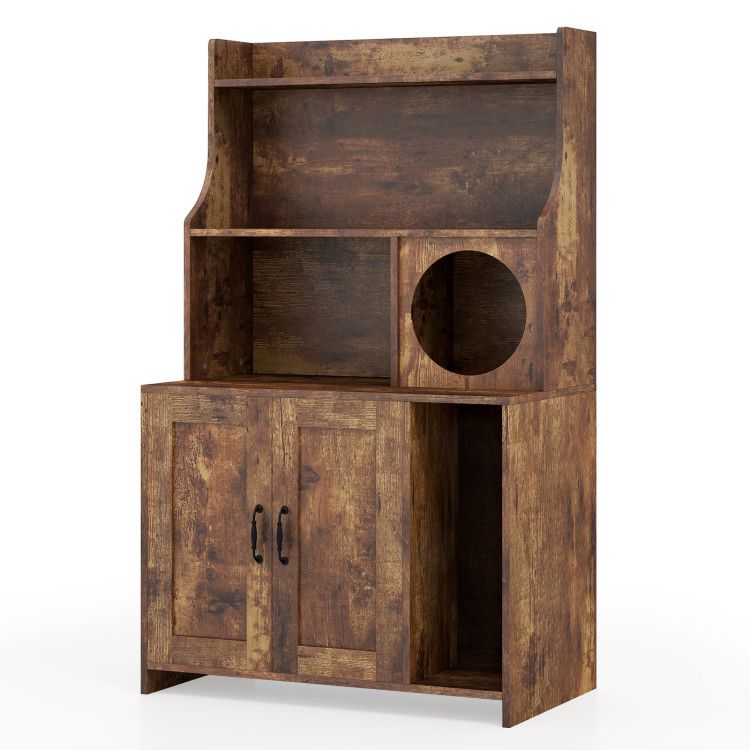 Modern Wooden Industrial Cat Litter Box Enclosure with Storage Shelves