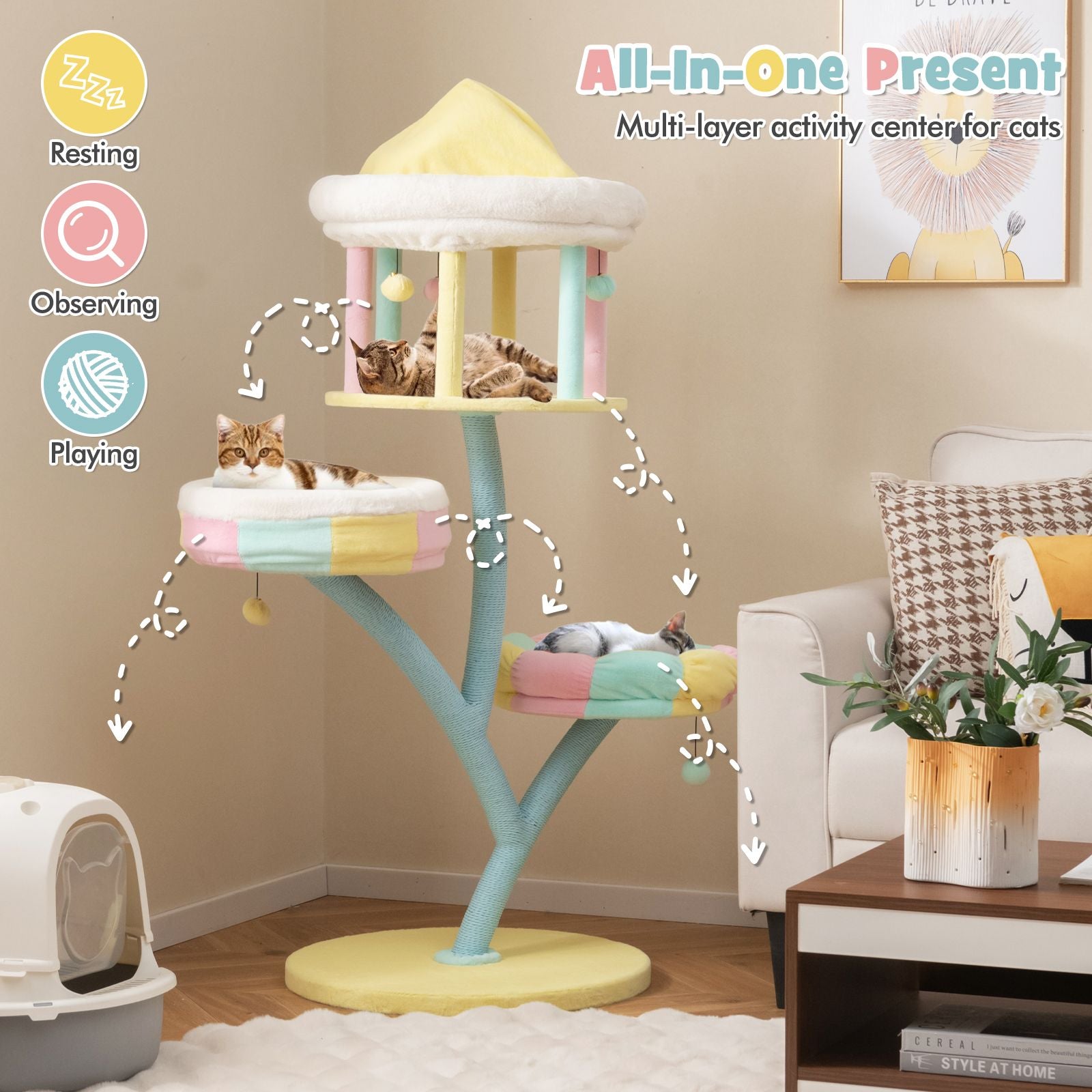 Multi-Level Cat Tower with Removable Perches and Scratching Posts