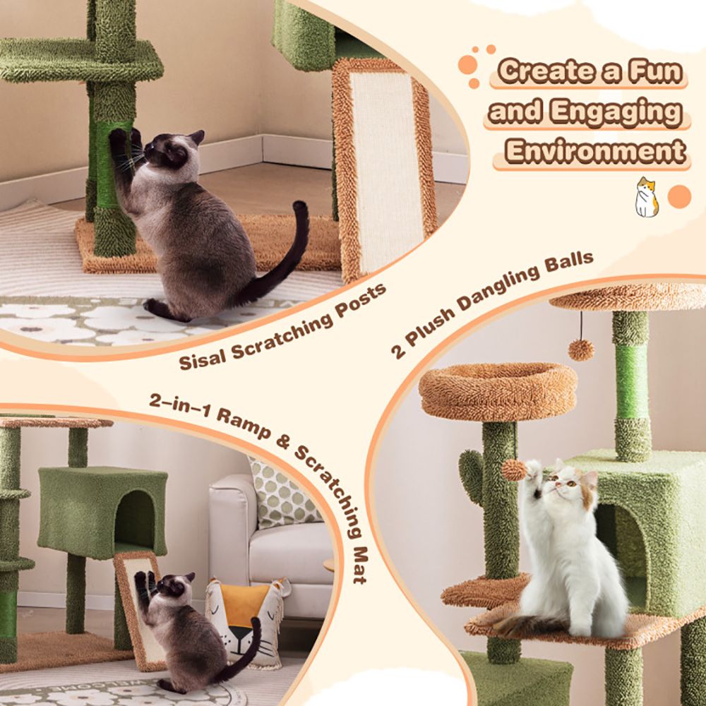 Multi-level Cactus Cat Tree with Scratching Posts Ladder Double Condos and Toys Bed