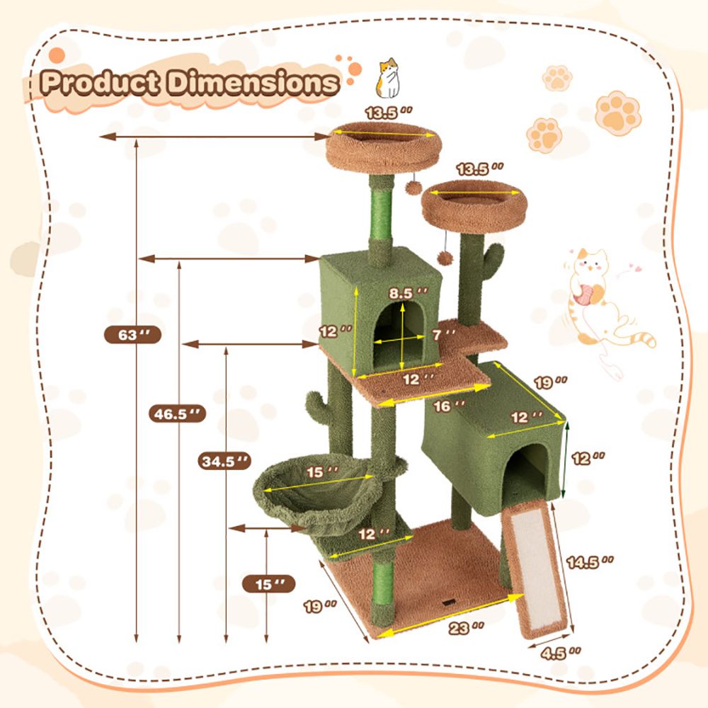 Multi-level Cactus Cat Tree with Scratching Posts Ladder Double Condos and Toys Bed