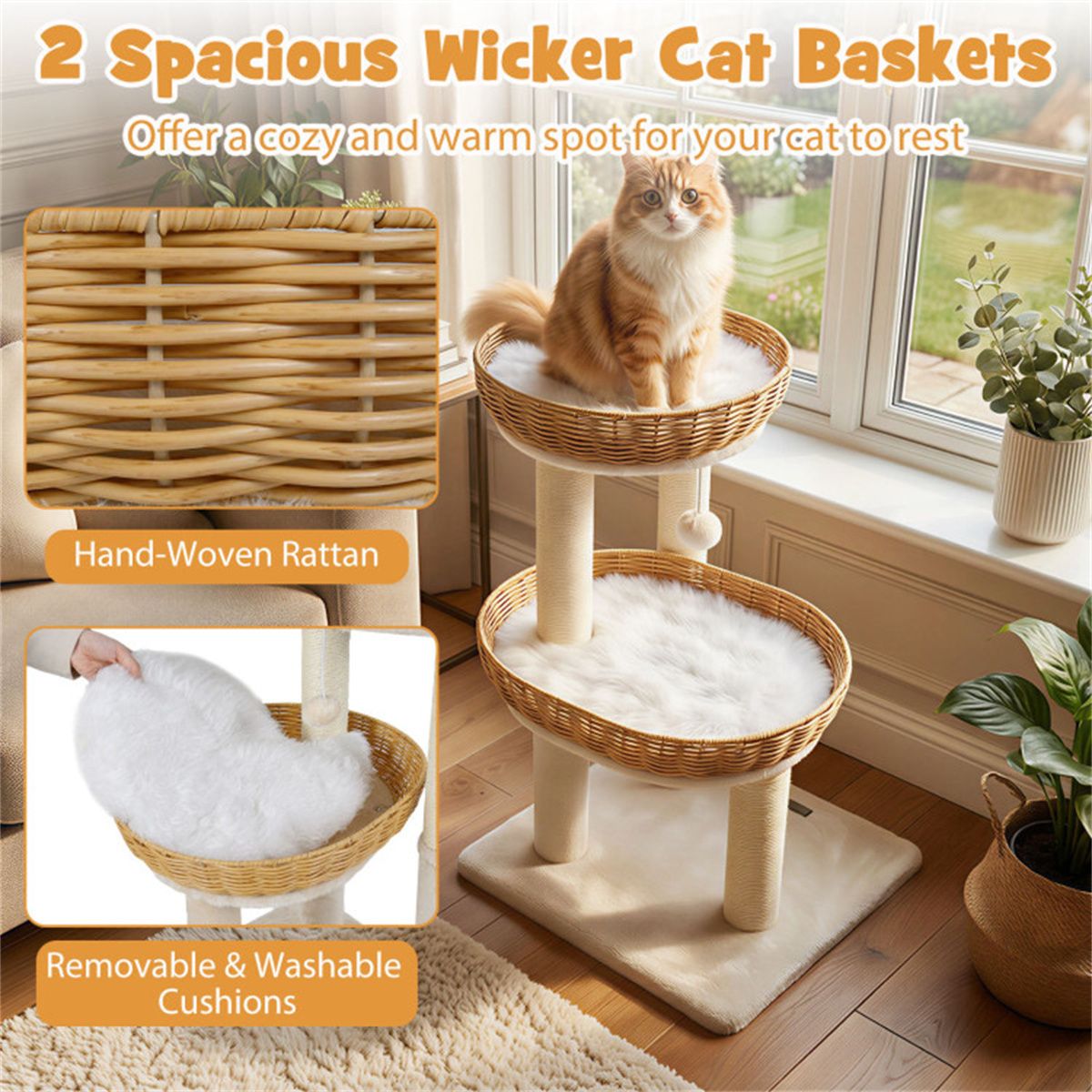 Multi-Level Cat Tree with Wicker Baskets & Sisal Scratching Posts