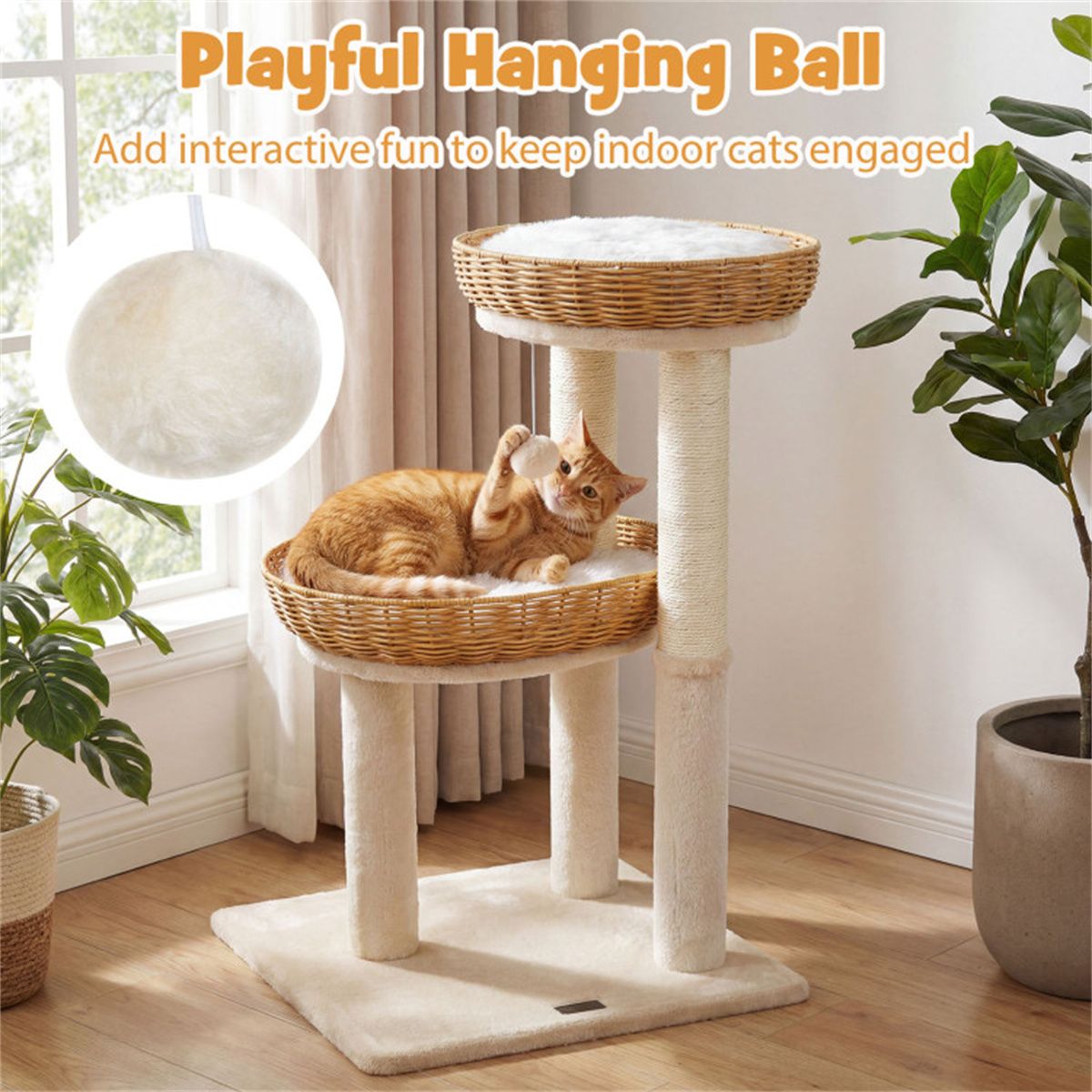 Multi-Level Cat Tree with Wicker Baskets & Sisal Scratching Posts