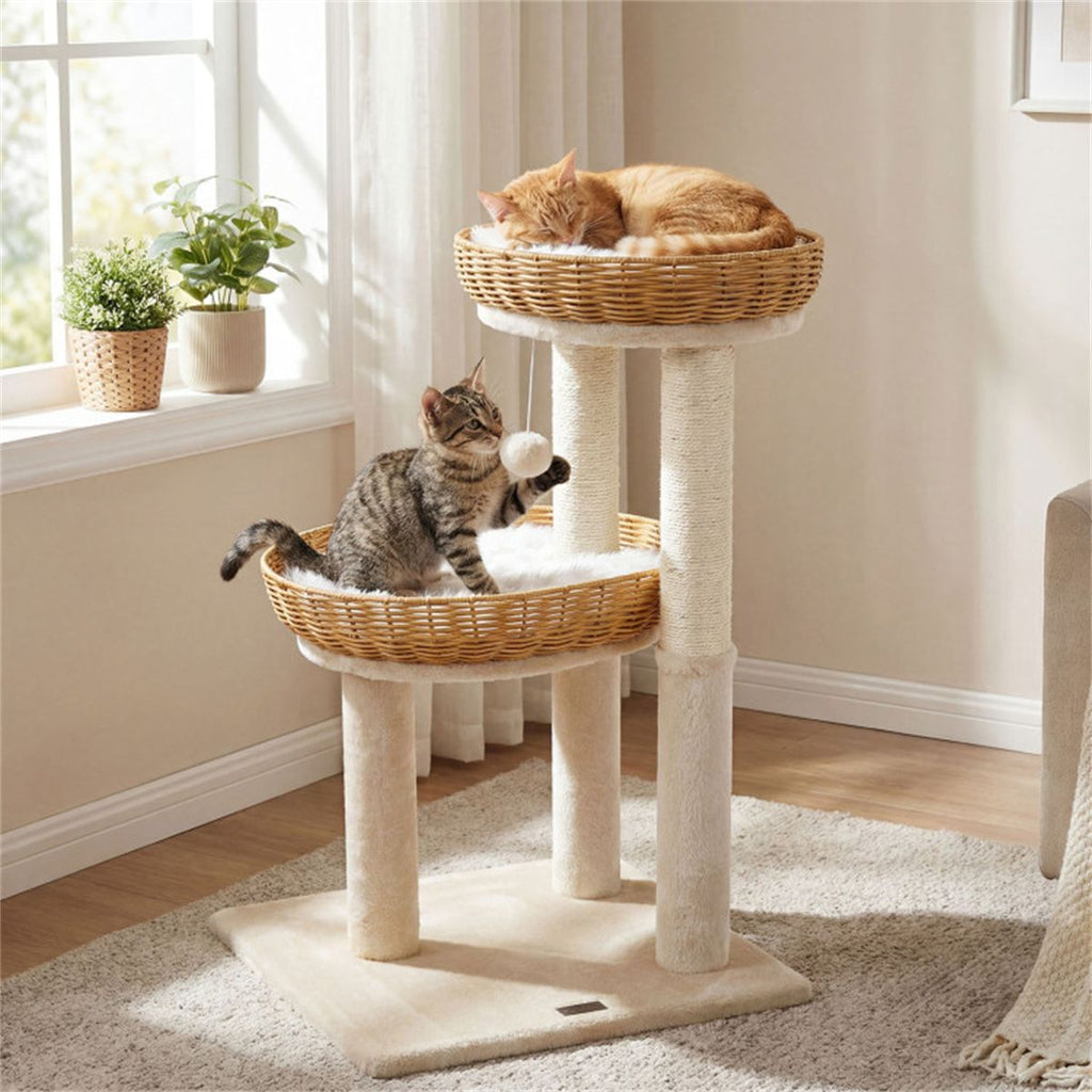 Multi-Level Cat Tree with Wicker Baskets & Sisal Scratching Posts