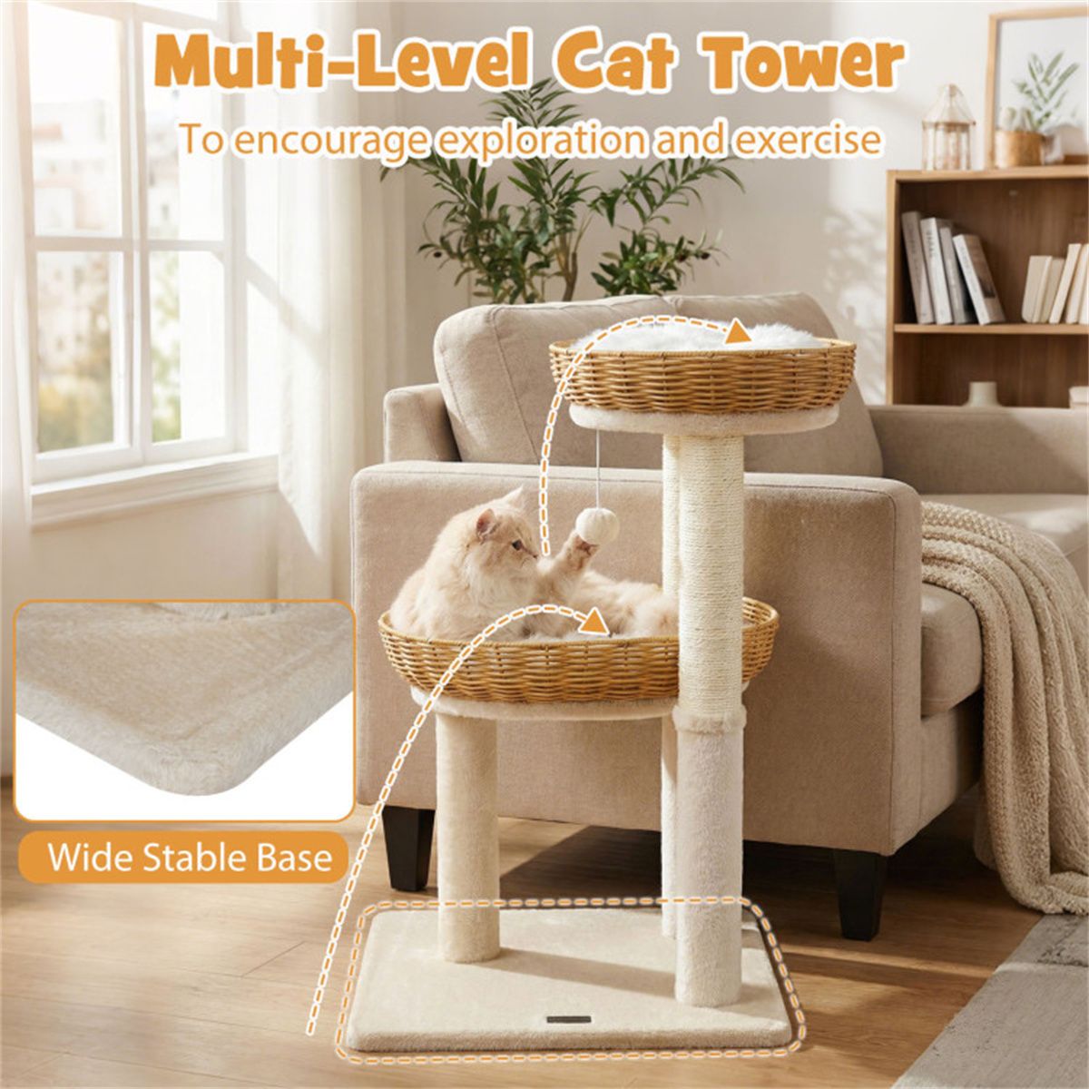 Multi-Level Cat Tree with Wicker Baskets & Sisal Scratching Posts