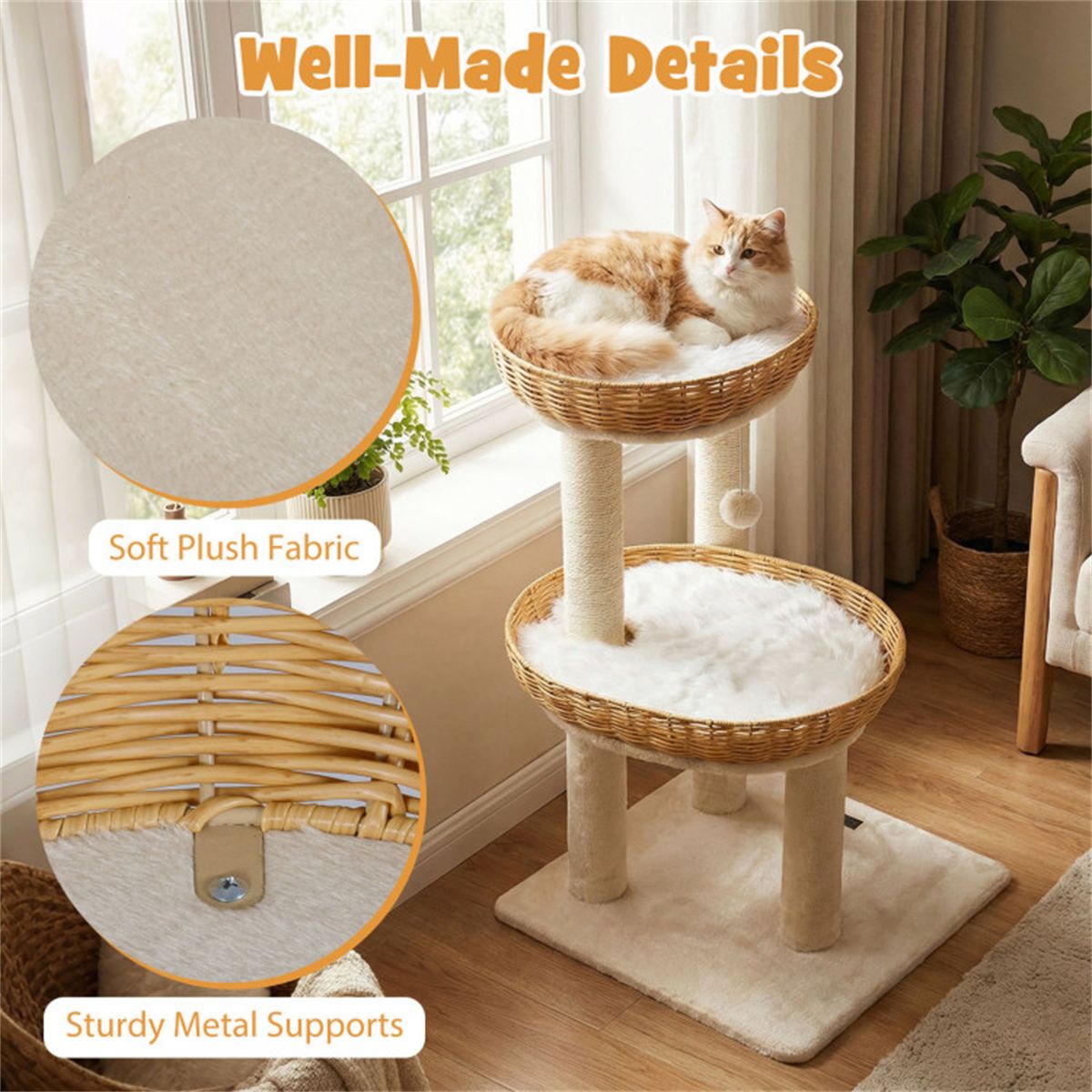 Multi-Level Cat Tree with Wicker Baskets & Sisal Scratching Posts