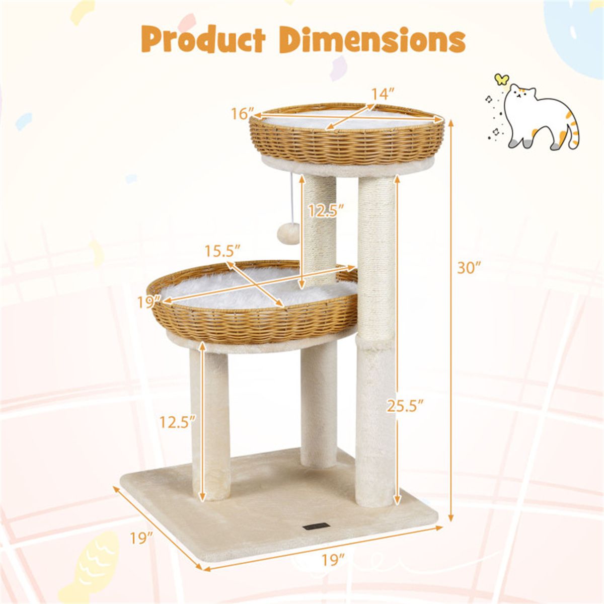 Multi-Level Cat Tree with Wicker Baskets & Sisal Scratching Posts