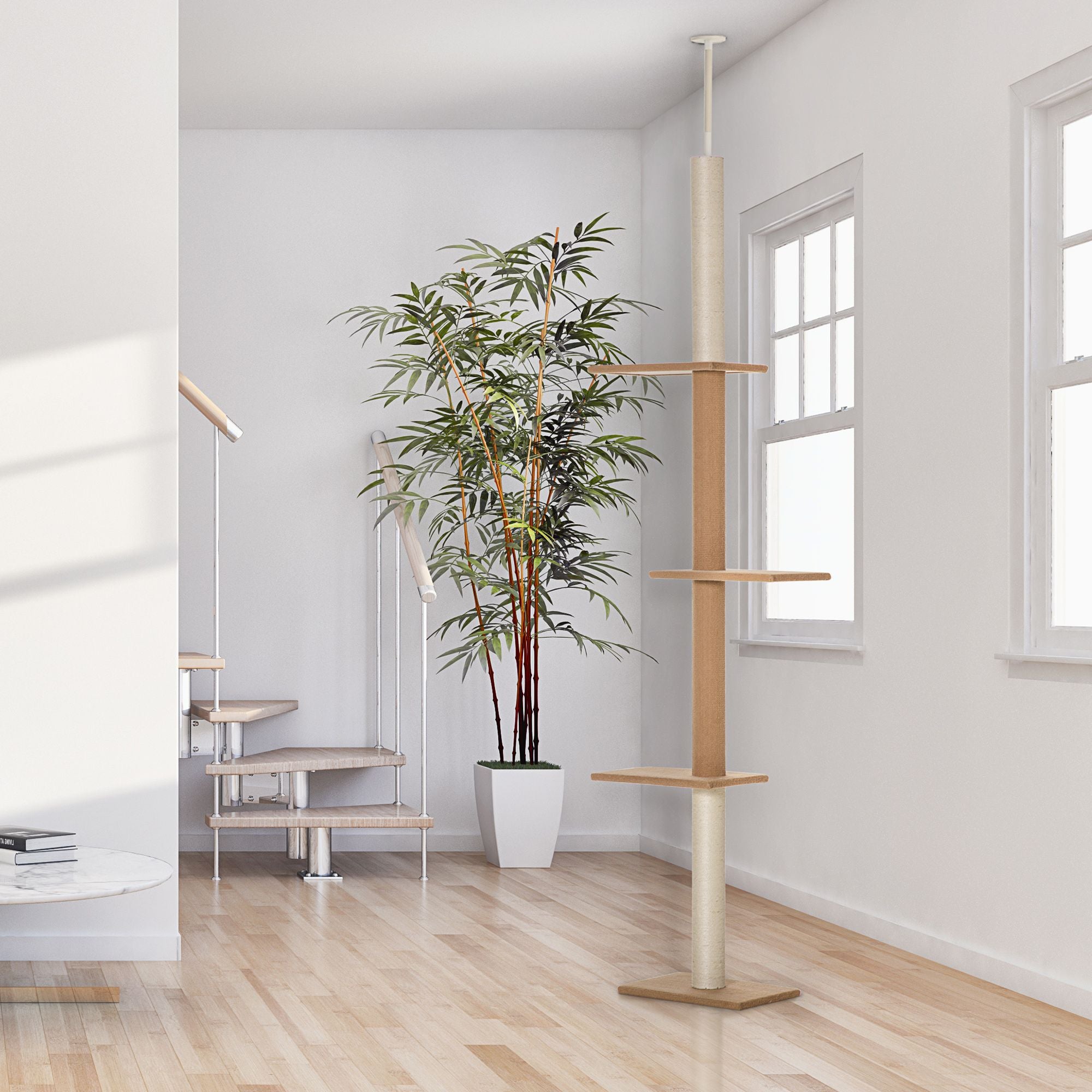 Natural Floor-to-Ceiling Cat Tree, Sisal-Covered Scratching Posts, Light Brown