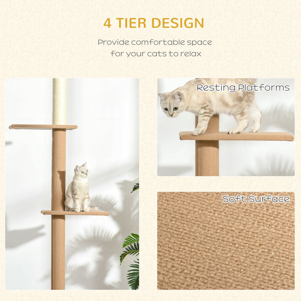 Natural Floor-to-Ceiling Cat Tree, Sisal-Covered Scratching Posts, Light Brown
