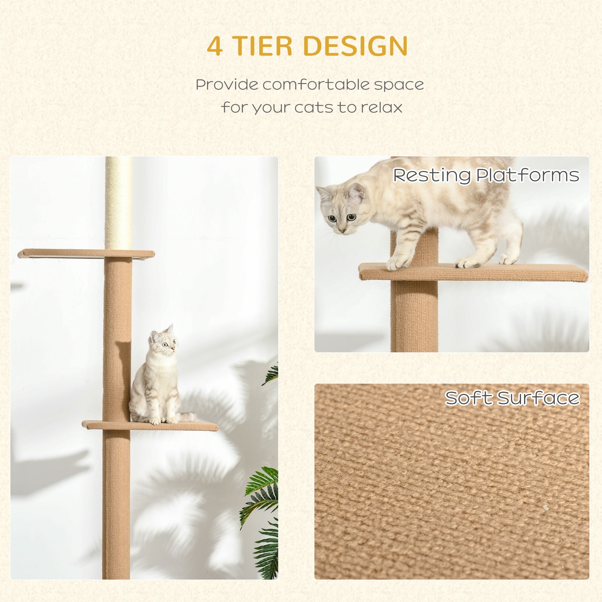 Natural Floor-to-Ceiling Cat Tree, Sisal-Covered Scratching Posts, Light Brown